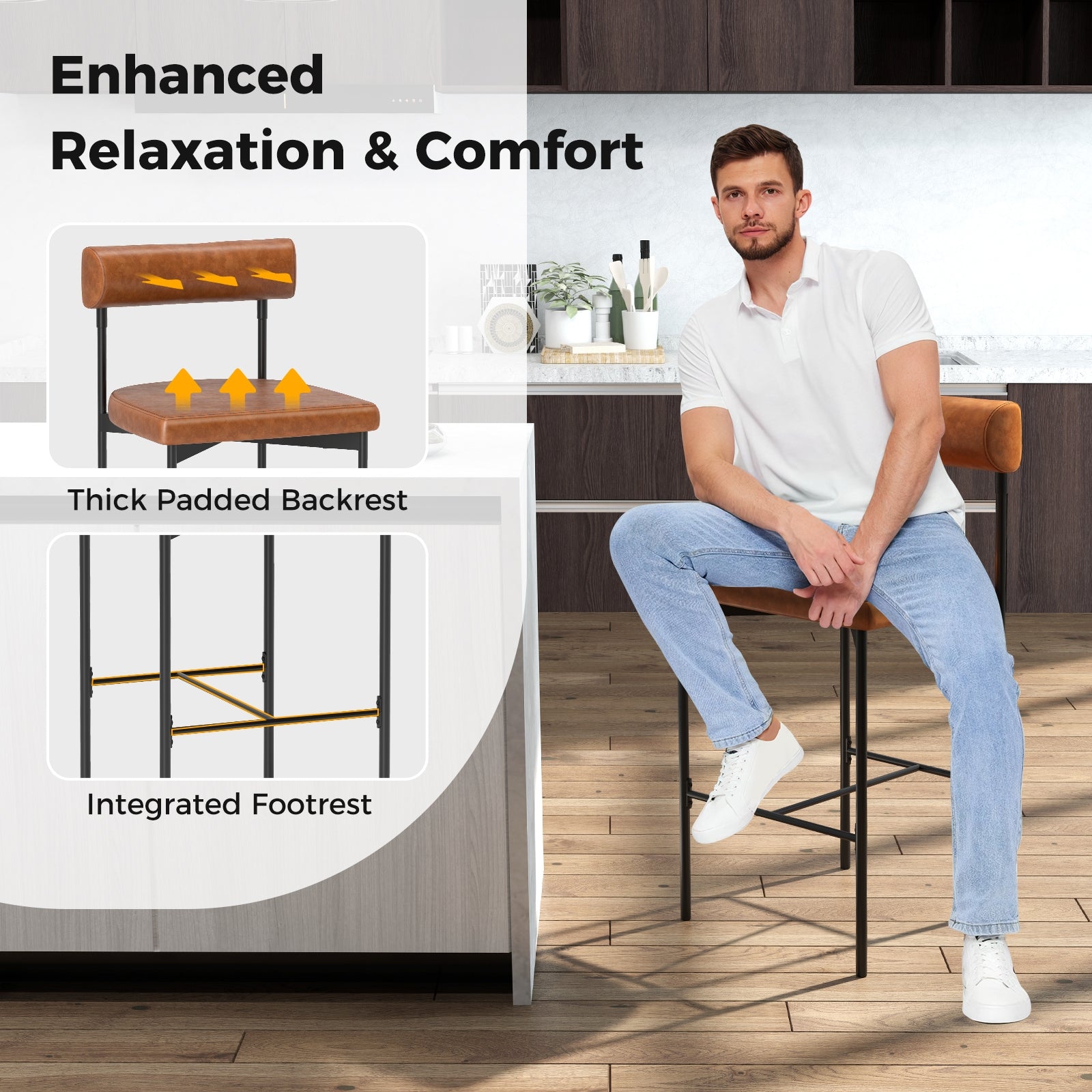 26 Inch Upholstered Bar Stools Set of 2 Counter Height Bar Chairs with  Backrest-Brown