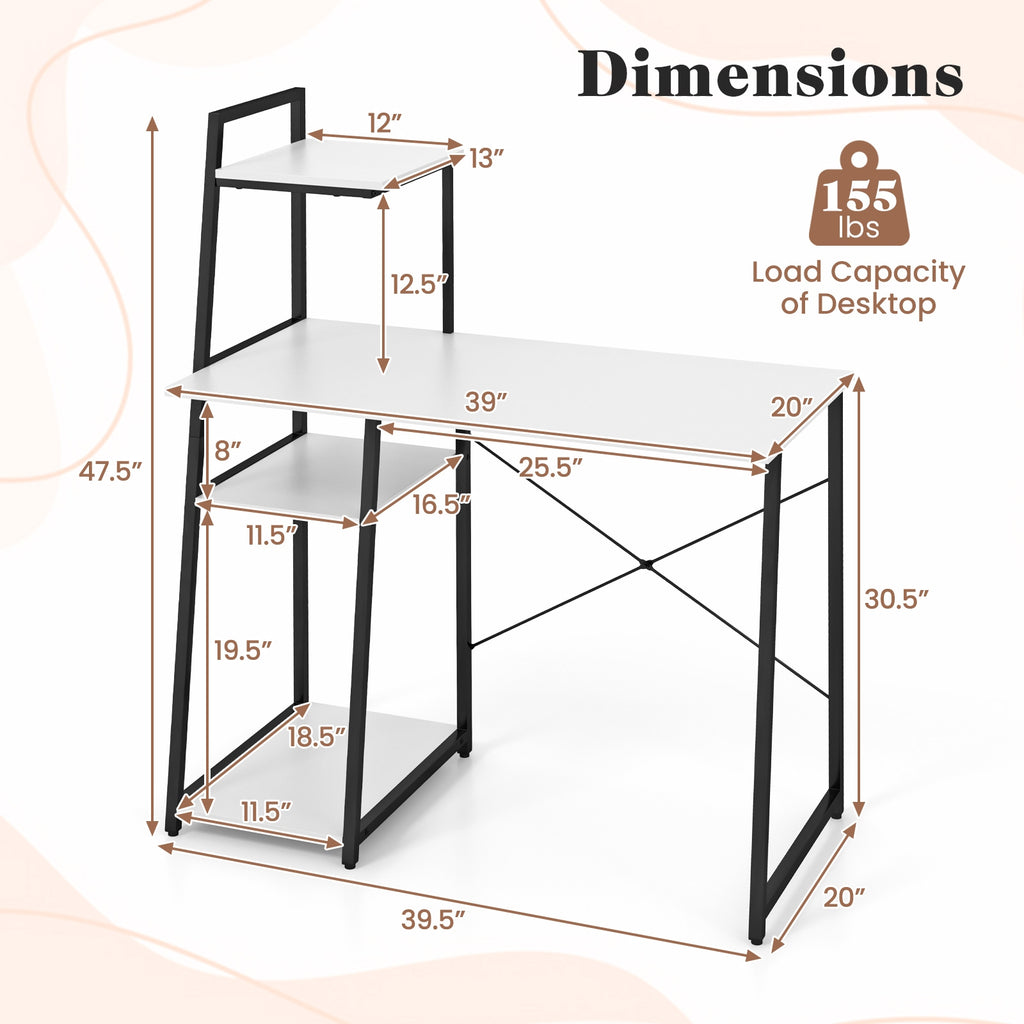 Compact Computer Desk Workstation with 4 Tier Shelves for Home and Office-White