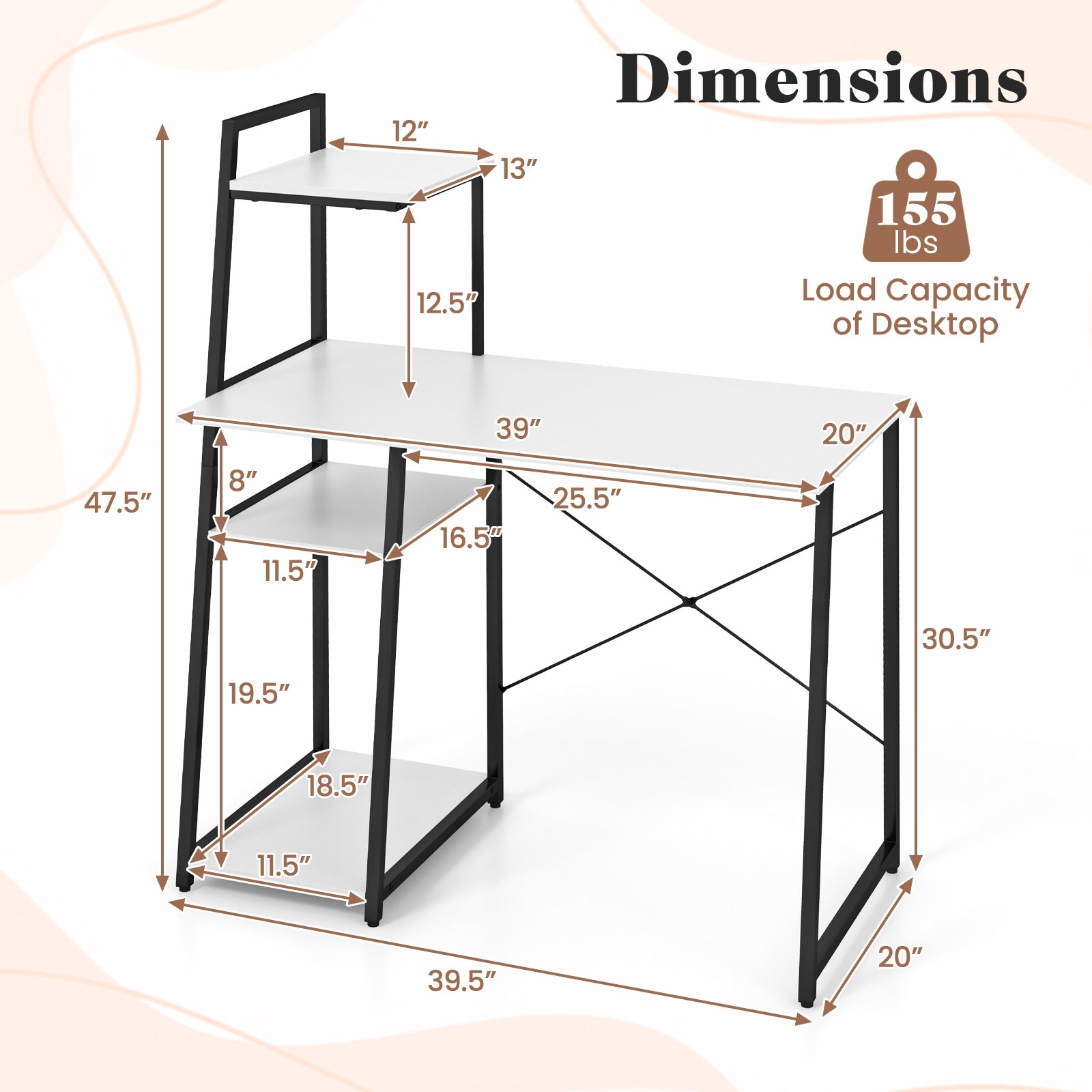 Compact Computer Desk Workstation with 4 Tier Shelves for Home and Office-White