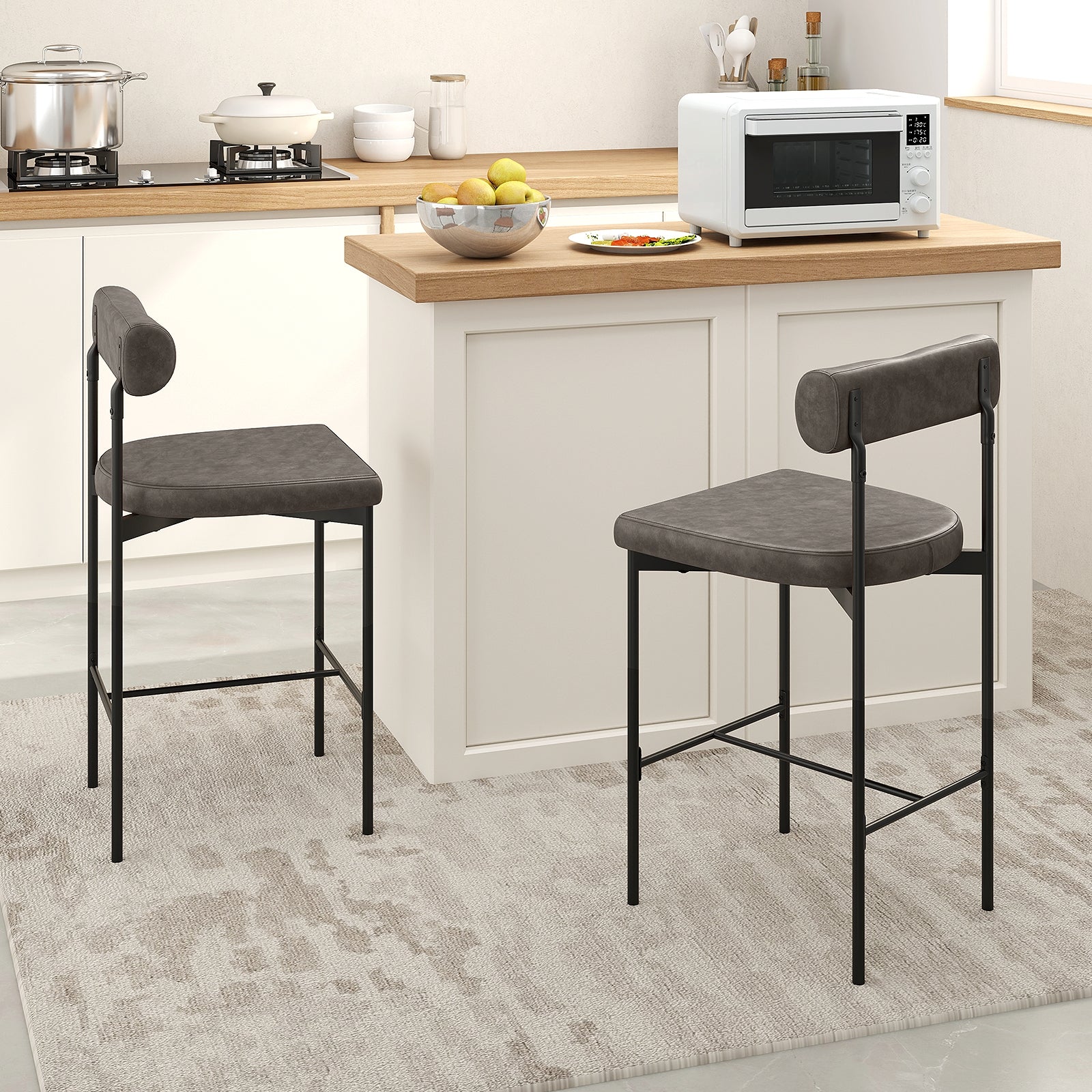 26 Inch Upholstered Bar Stools Set of 2 Counter Height Bar Chairs with  Backrest-Gray