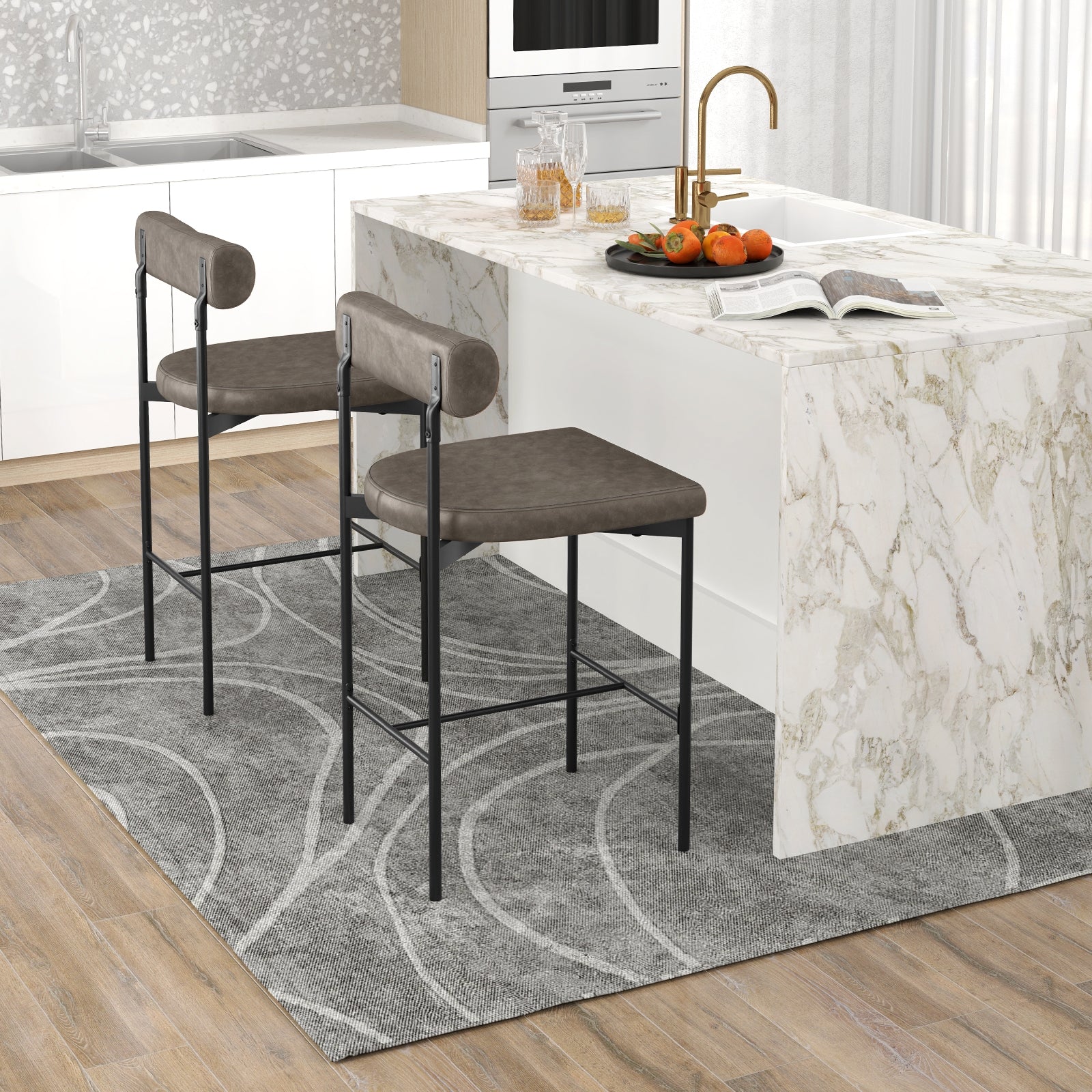 26 Inch Upholstered Bar Stools Set of 2 Counter Height Bar Chairs with  Backrest-Gray