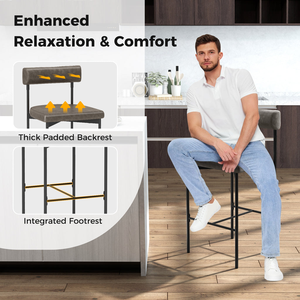 26 Inch Upholstered Bar Stools Set of 2 Counter Height Bar Chairs with  Backrest-Gray