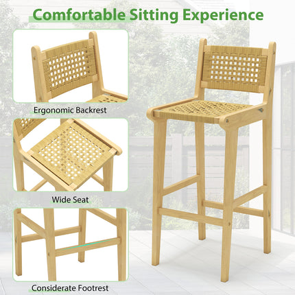 Patio Teak Wood Bar Stool with Rattan Backrest and Seat