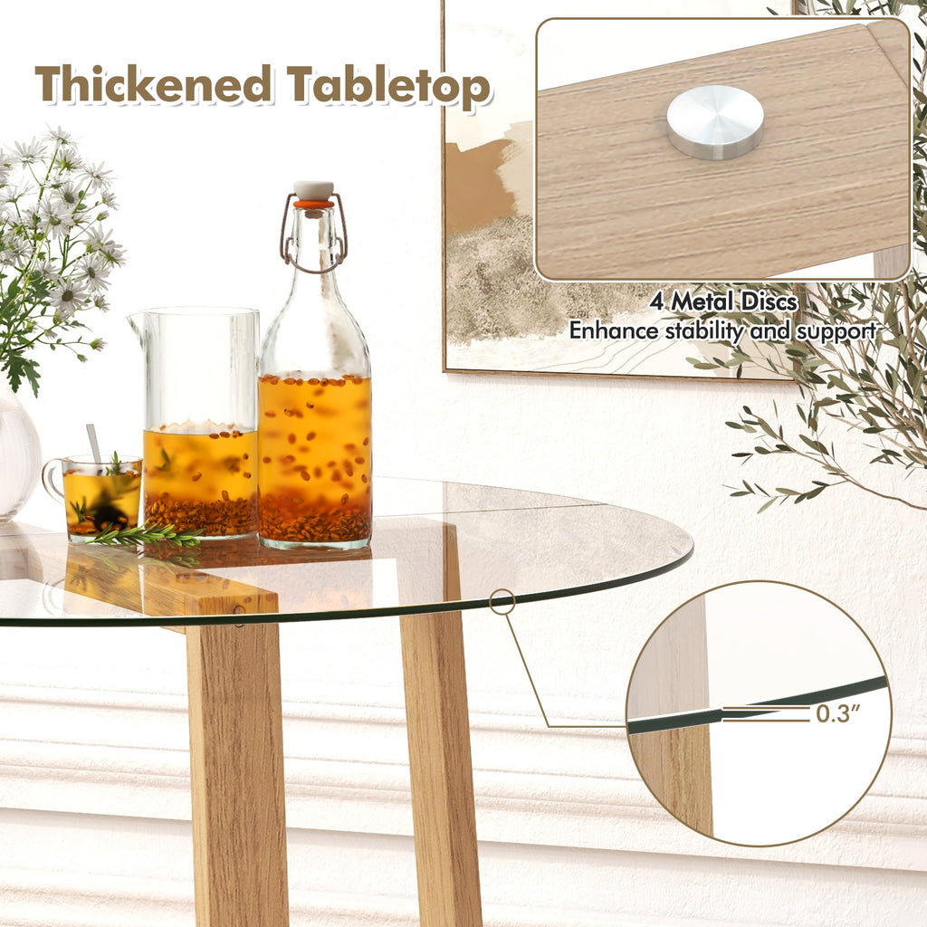 42 Inches Round Glass Dining Table with Tempered Glass Tabletop and Rubber Wood Legs-Natural
