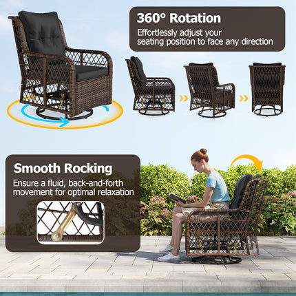 3 Pieces Patio Furniture Set PE Wicker Swivel Glider Chairs with 2-Tier Side Table and Cushions-Black