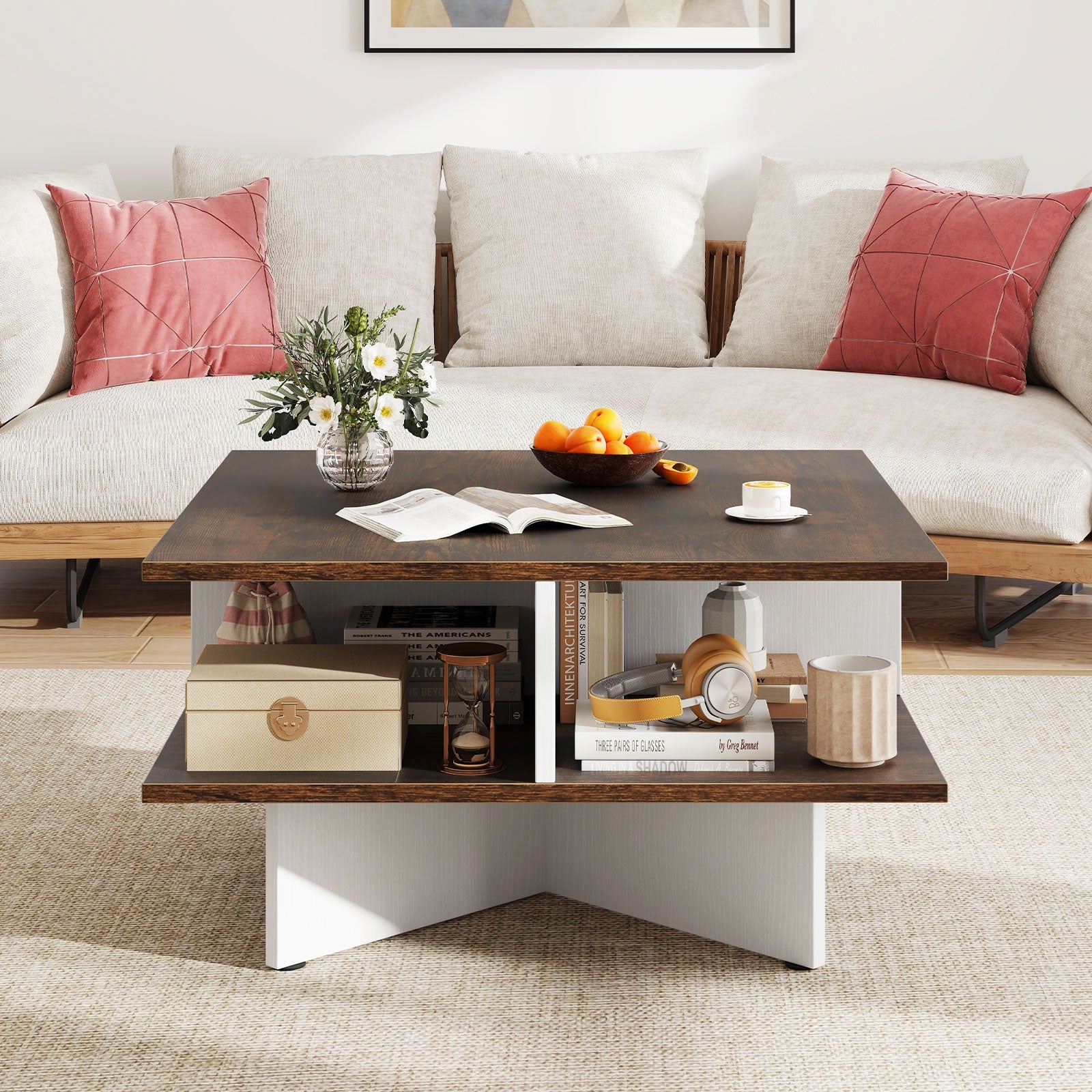 2-Tier Square Coffee Table with 4 Storage Compartments-Rustic Brown