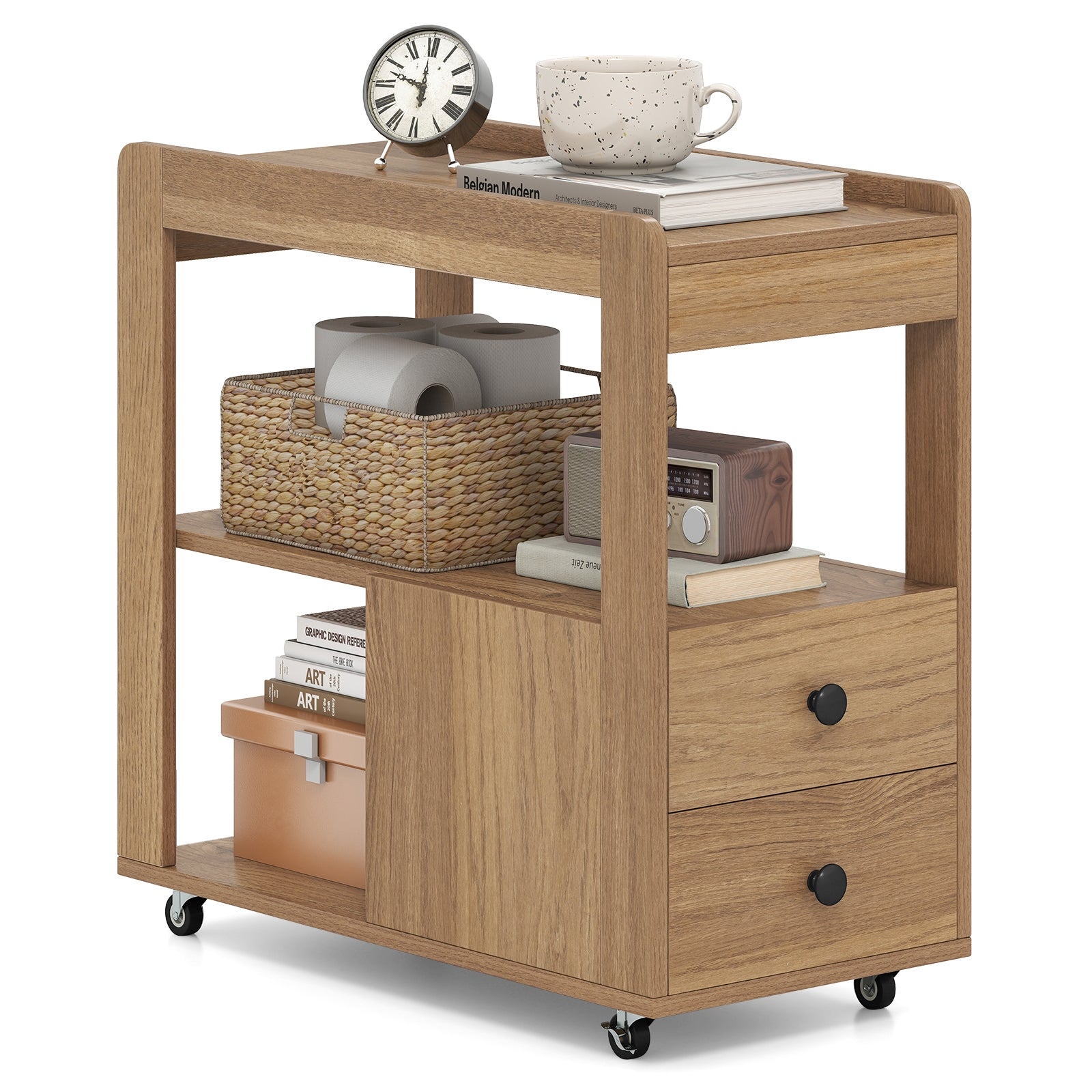 2-Drawer Sofa Side Table with Shelves for Living Room-Natural