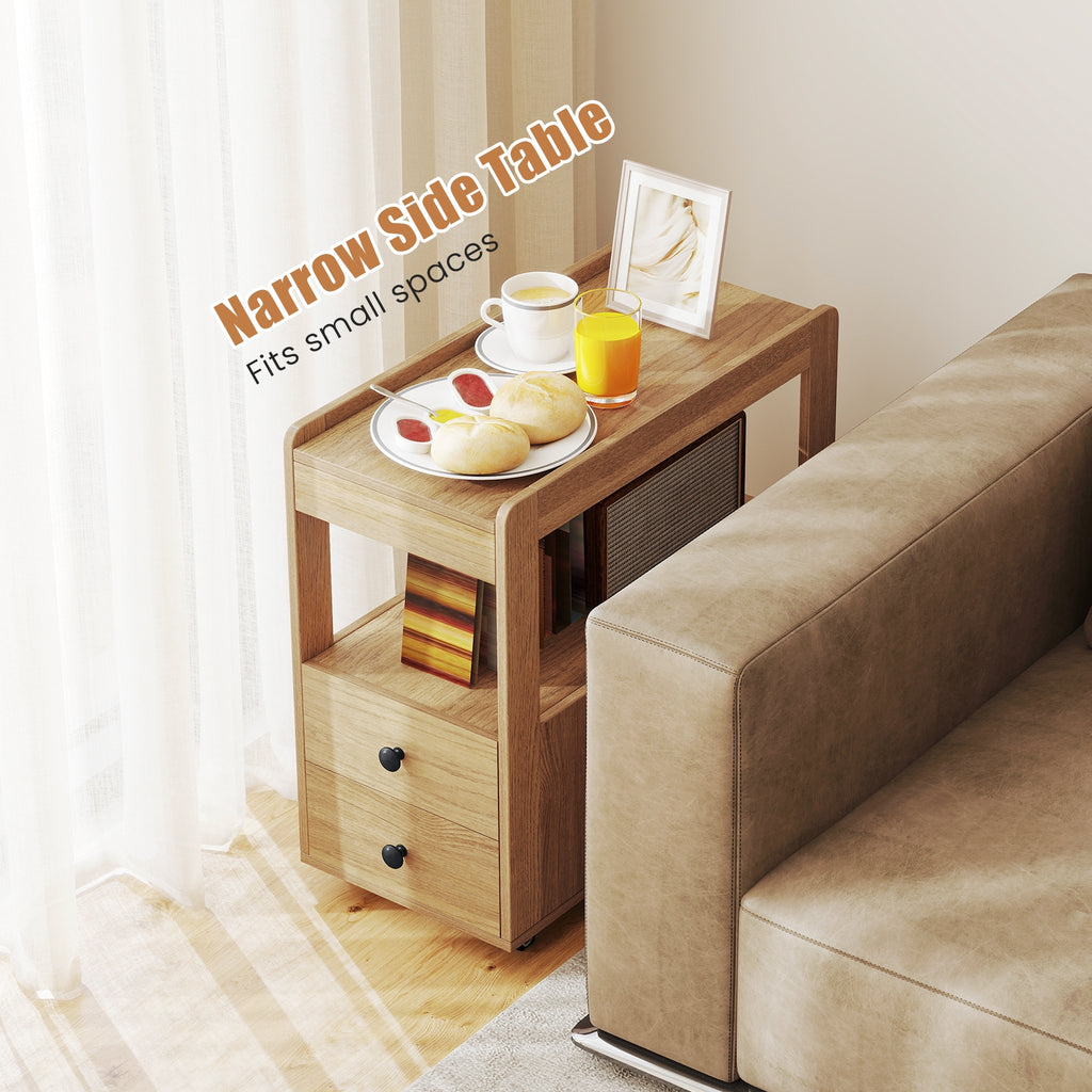 2-Drawer Sofa Side Table with Shelves for Living Room-Natural