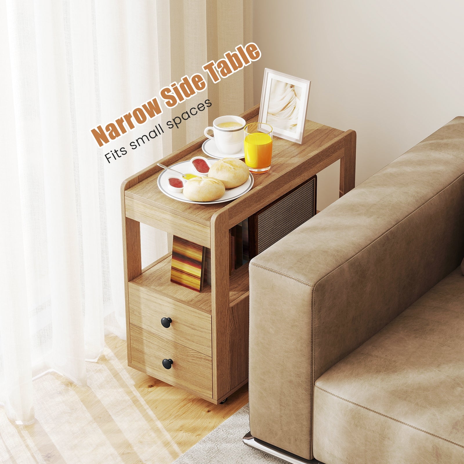 2-Drawer Sofa Side Table with Shelves for Living Room-Natural