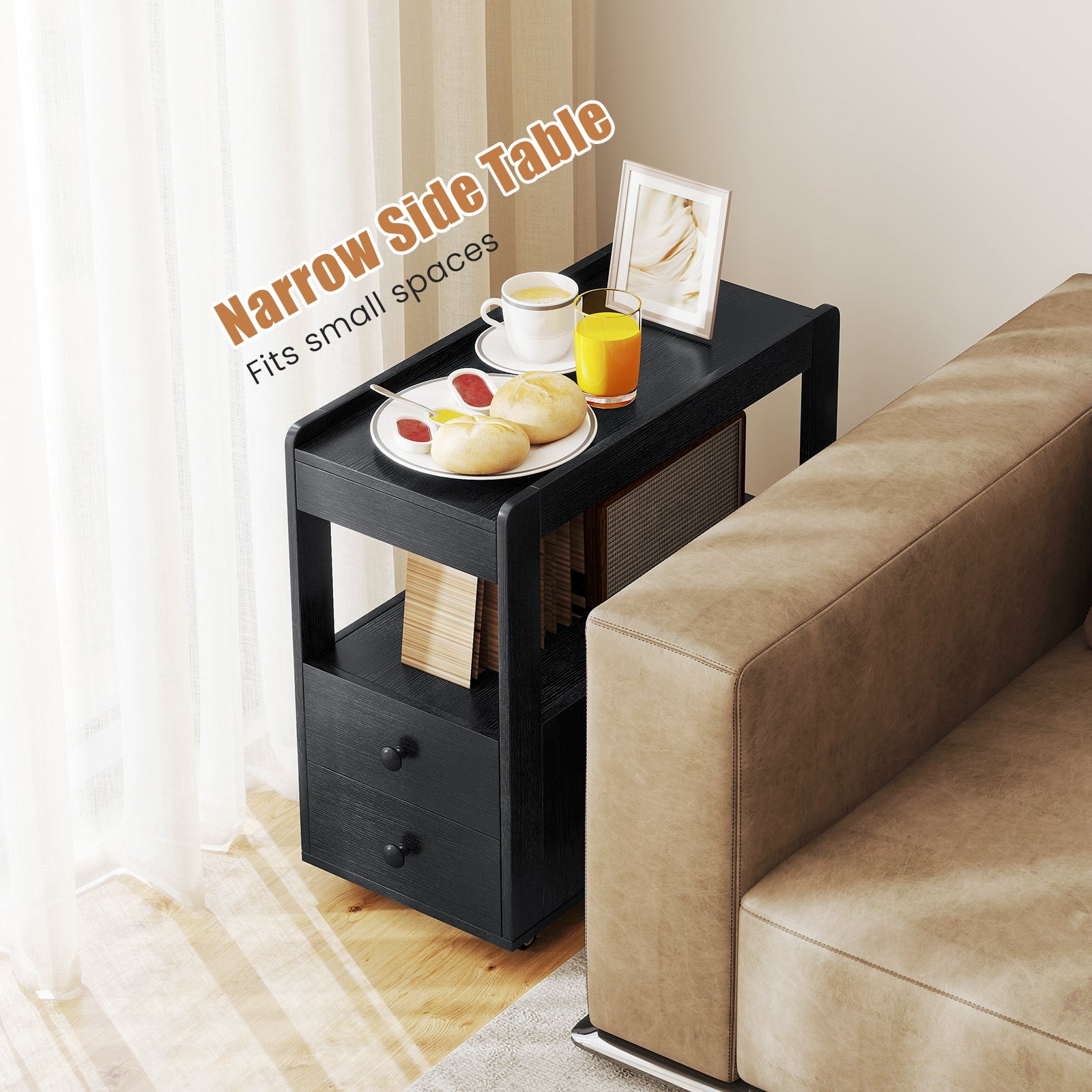 2-Drawer Sofa Side Table with Shelves for Living Room-Black