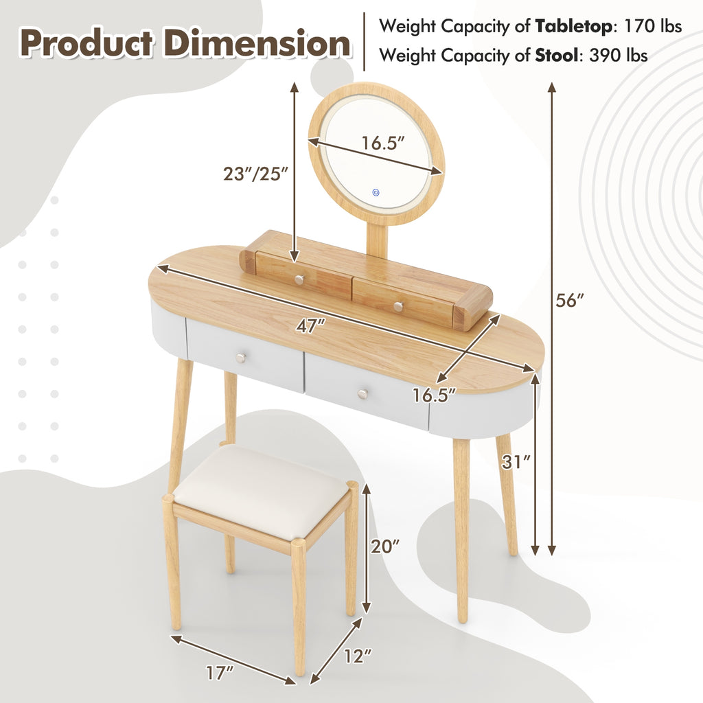 Makeup Vanity Table Set with LED Mirror and 3 Spacious Drawers-White-Natural Wood