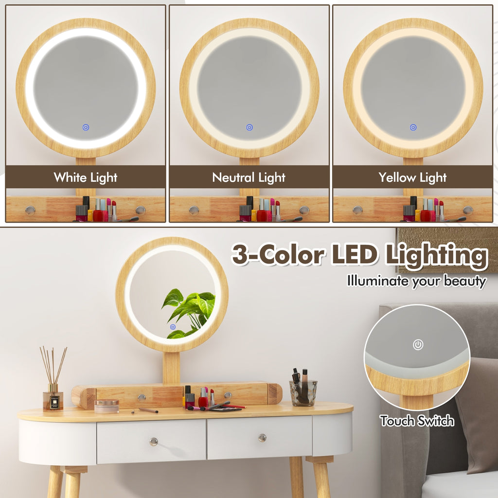 Makeup Vanity Table Set with LED Mirror and 3 Spacious Drawers-White-Natural Wood