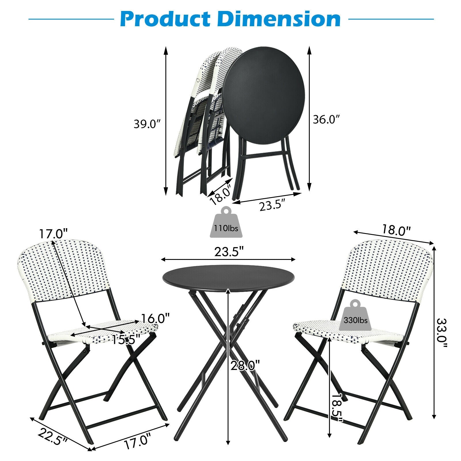 Ensemble bistrot 3 pièces en rotin pour patio avec table ronde et 2 chaises