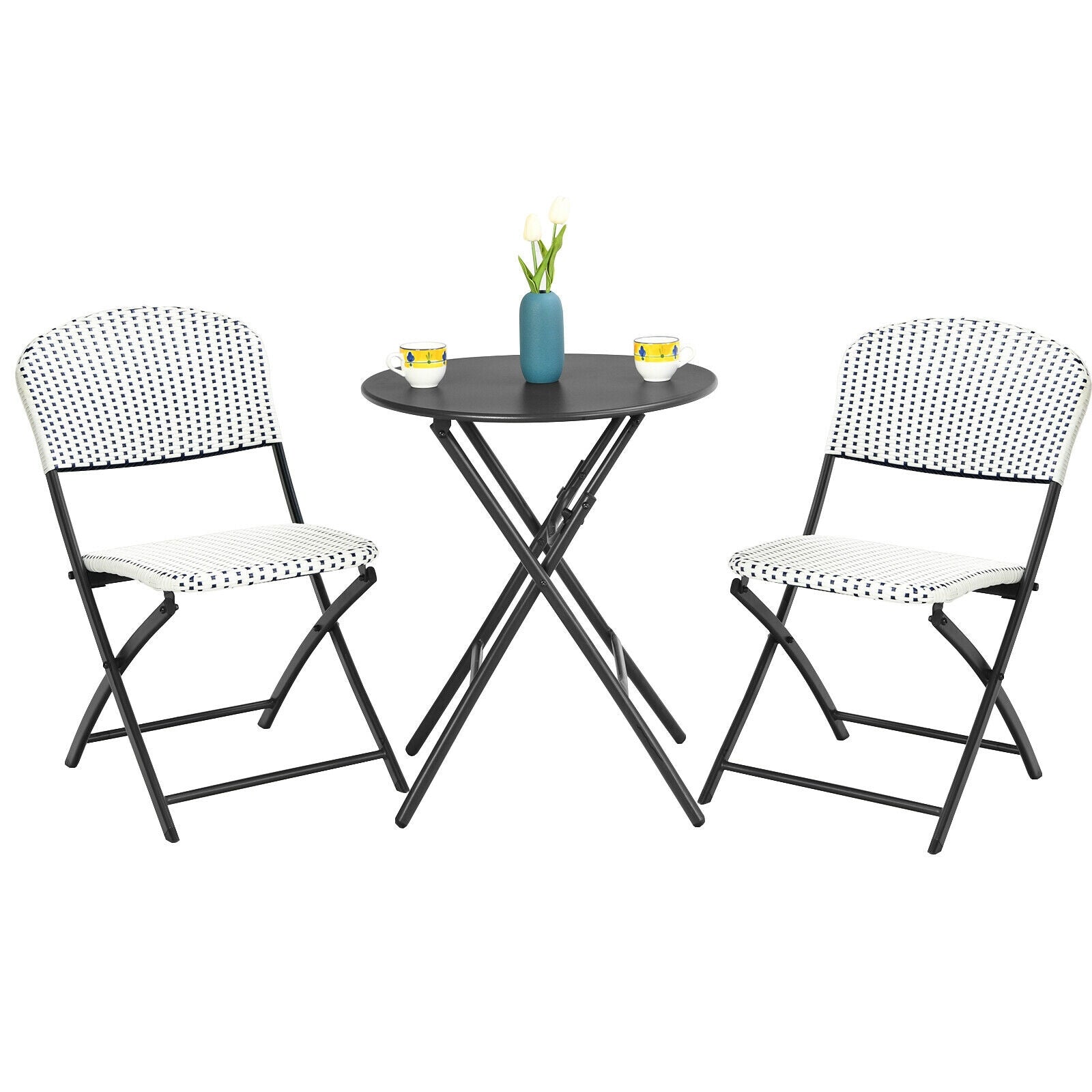 Ensemble bistrot 3 pièces en rotin pour patio avec table ronde et 2 chaises