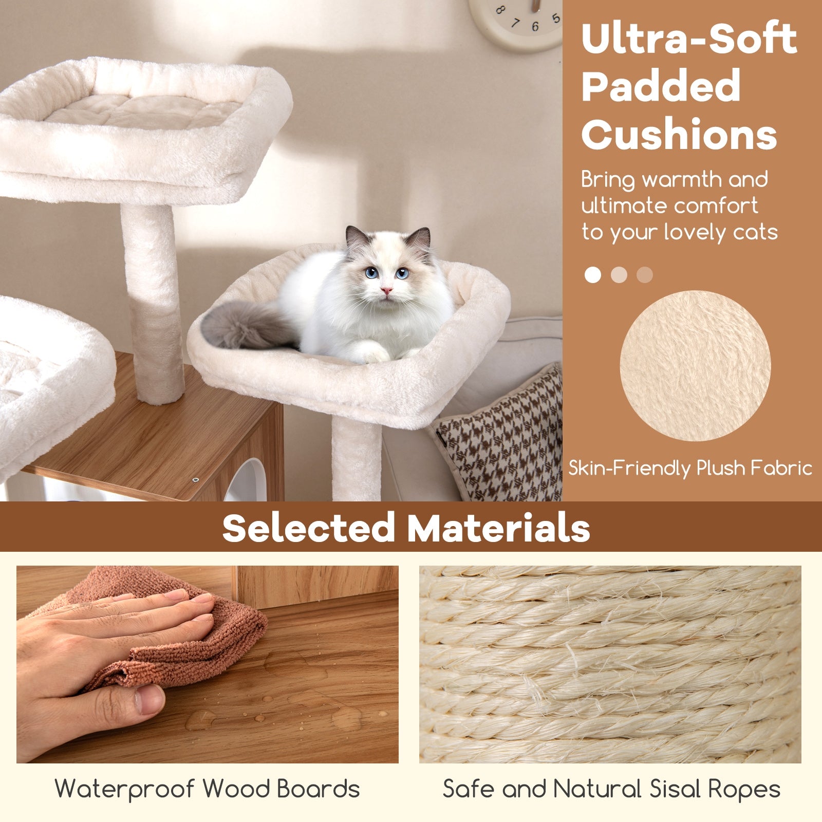 68 Inch Tall Cat Tree with 3 Padded Perches Condo and Sisal Scratching Posts-Natural
