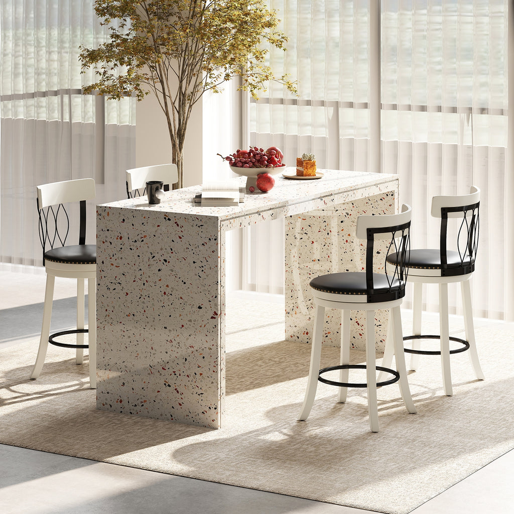 Set of 2 Bar Stools Swivel Bar Chairs with Footrest Rubber Wood Frame and Tufted Rivets-26 inches