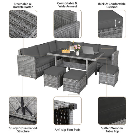 7 Pieces Patio Rattan Dining Furniture Sectional Sofa Set with Wicker Ottoman-Gray
