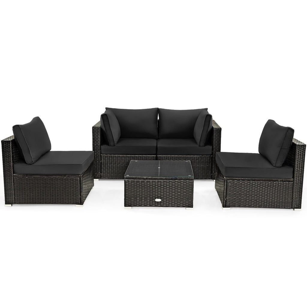 Ensemble de meubles de patio 5 pièces en rotin rembourré avec table en verre - Noir