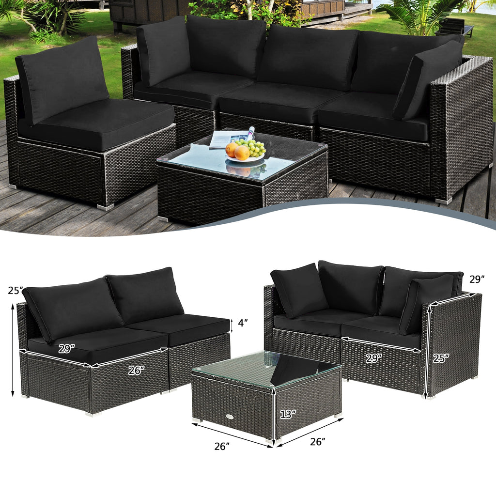 Ensemble de meubles de patio 5 pièces en rotin rembourré avec table en verre - Noir