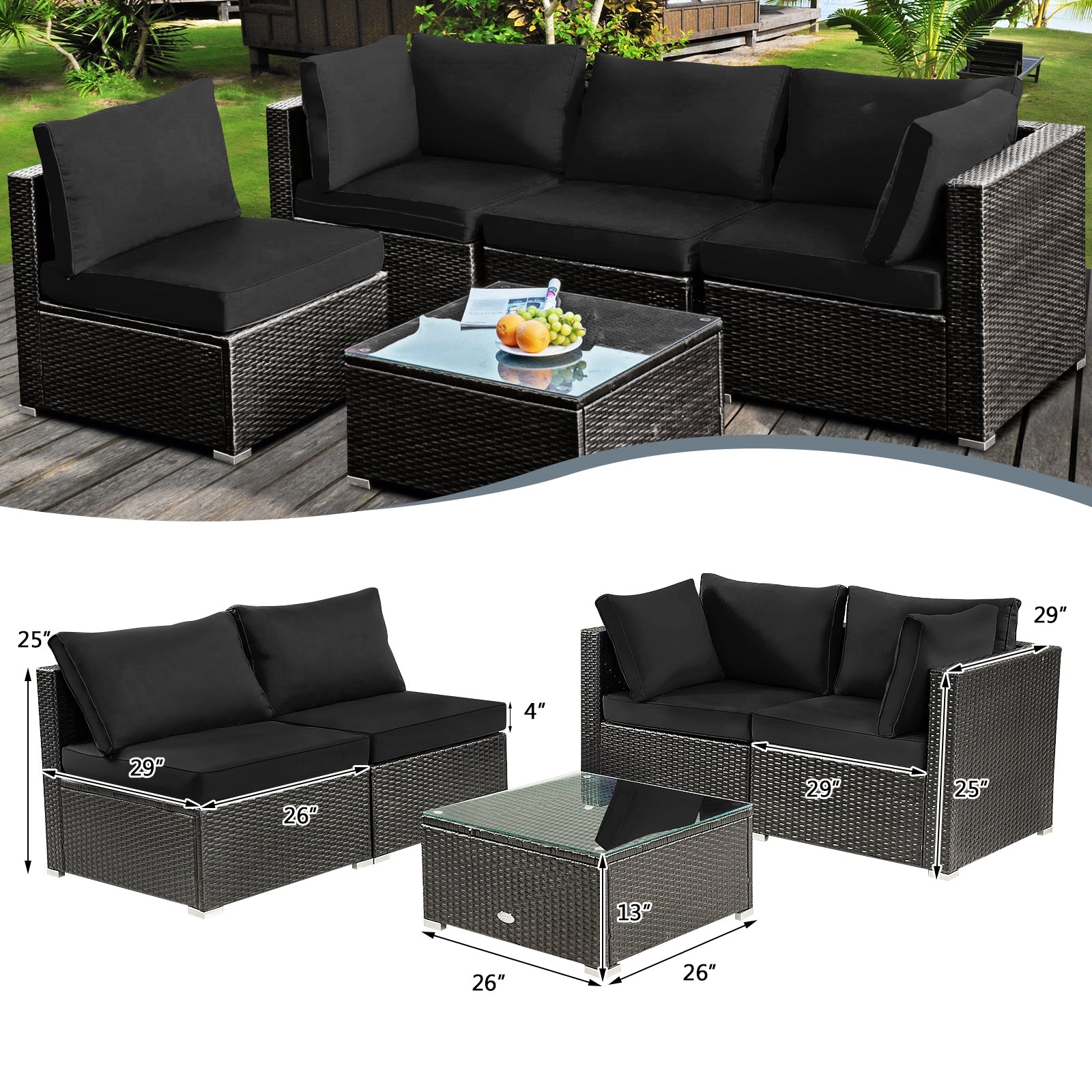 Ensemble de meubles de patio 5 pièces en rotin rembourré avec table en verre - Noir
