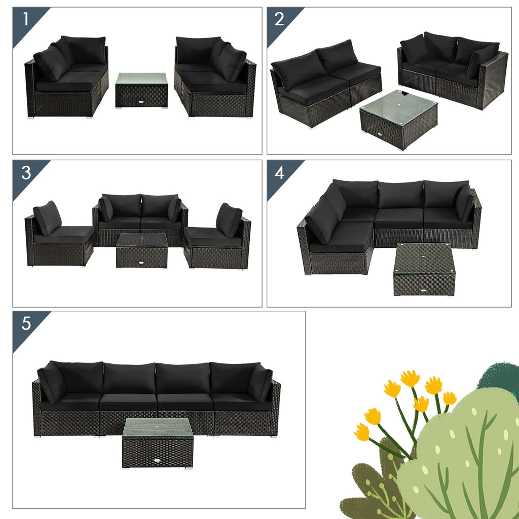 Ensemble de meubles de patio 5 pièces en rotin rembourré avec table en verre - Noir