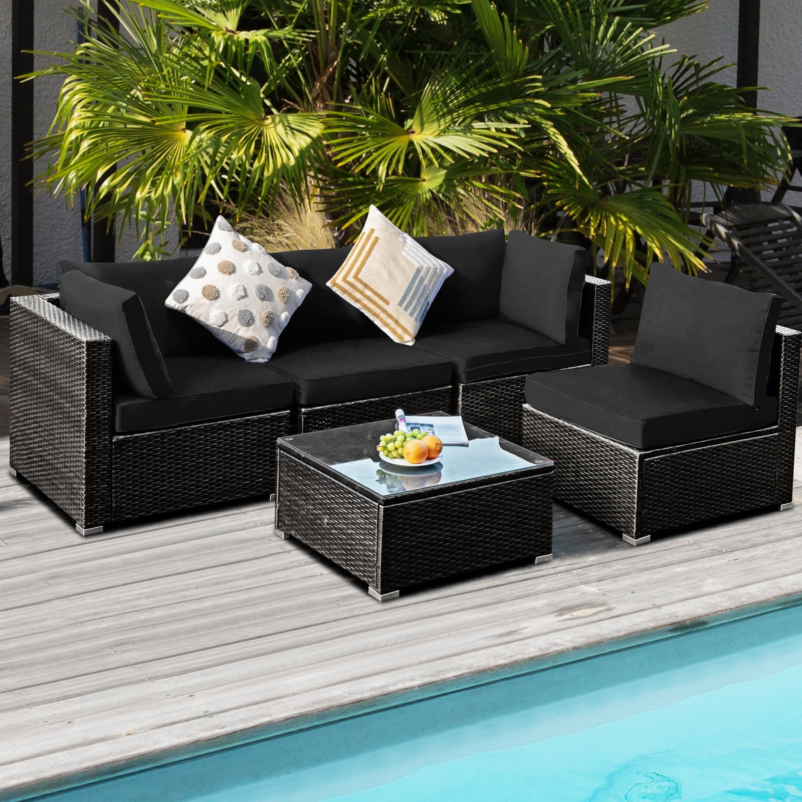 Ensemble de meubles de patio 5 pièces en rotin rembourré avec table en verre - Noir