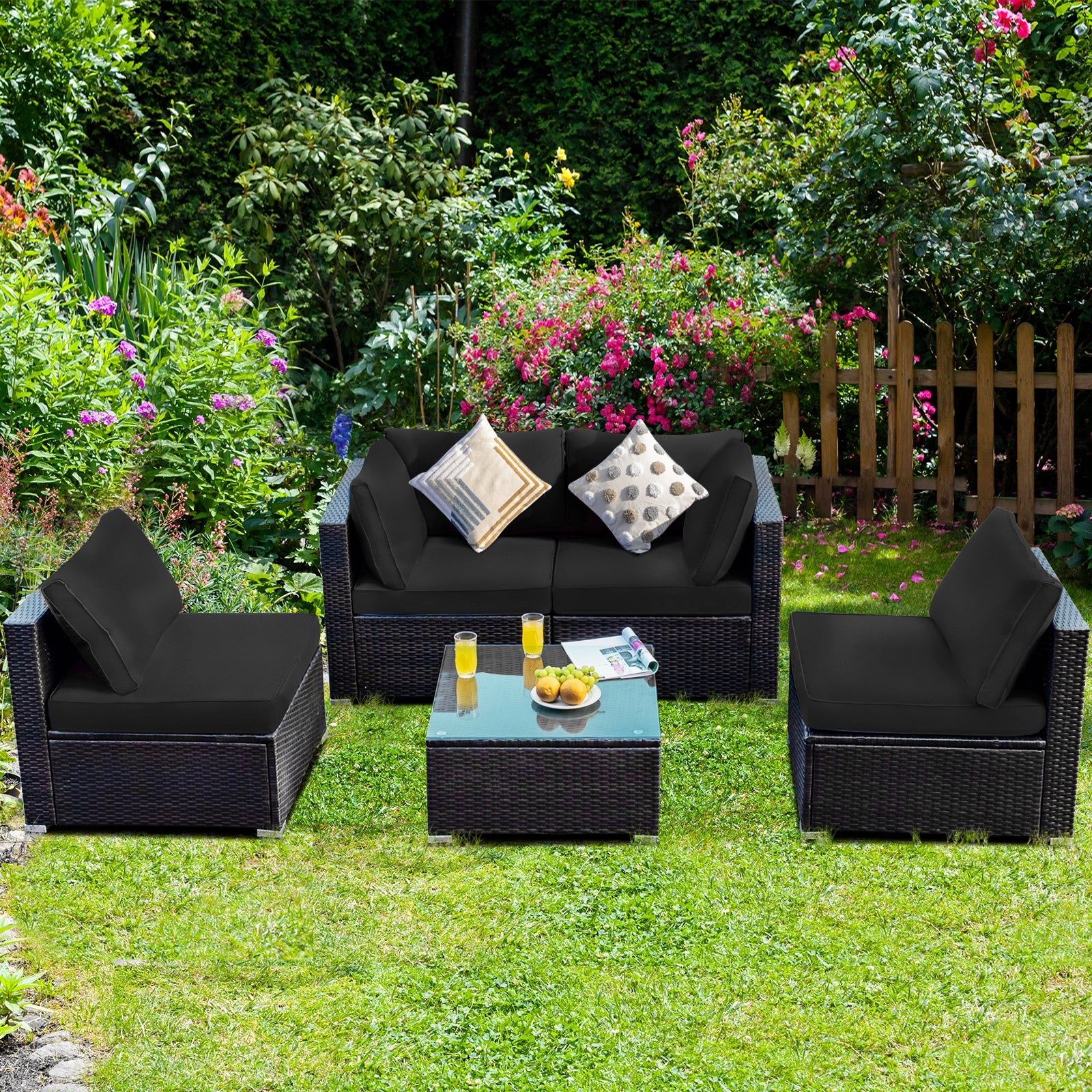 Ensemble de meubles de patio 5 pièces en rotin rembourré avec table en verre - Noir