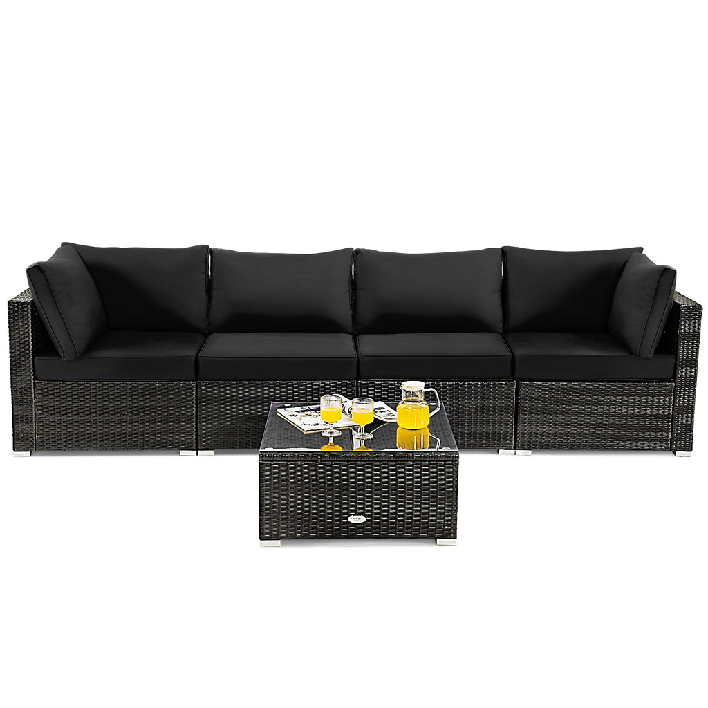Ensemble de meubles de patio 5 pièces en rotin rembourré avec table en verre - Noir