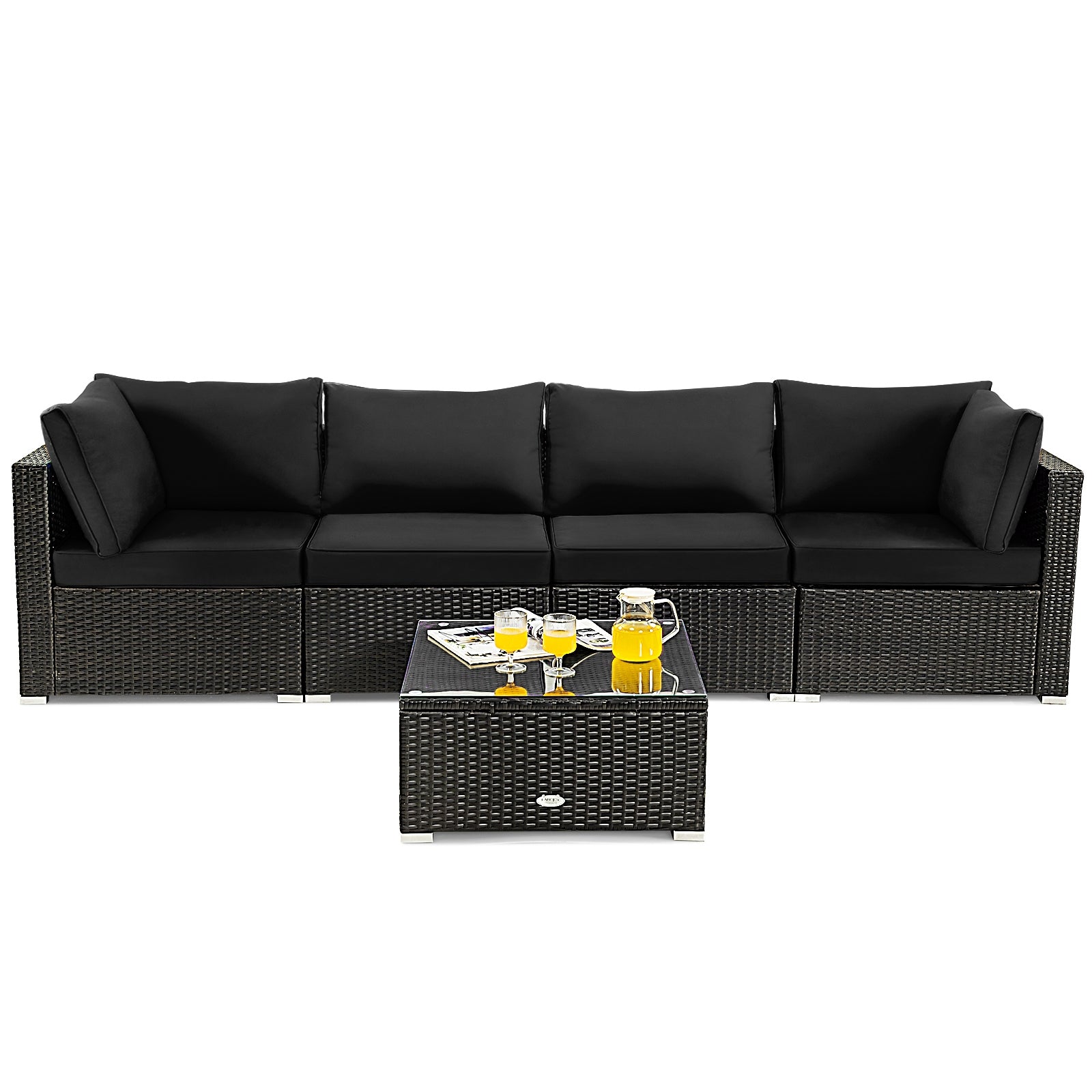 Ensemble de meubles de patio 5 pièces en rotin rembourré avec table en verre - Noir