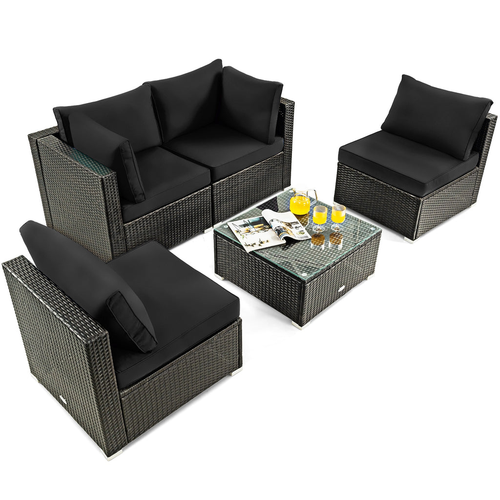 Ensemble de meubles de patio 5 pièces en rotin rembourré avec table en verre - Noir