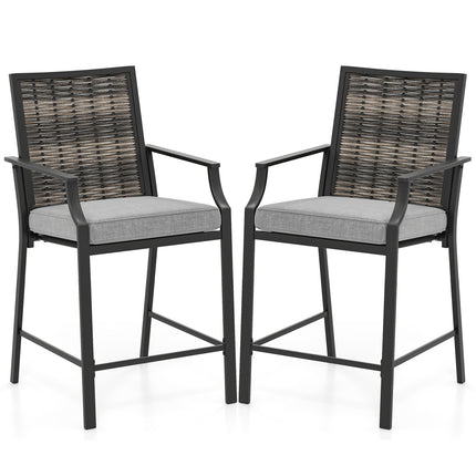 Patio Bar Stools Set of 2 Counter Height Rattan Bar Chairs with Armrest-Grey