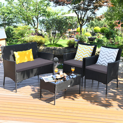 4 Pieces Patio Rattan Cushioned Sofa Set with Tempered Glass Coffee Table-Gray