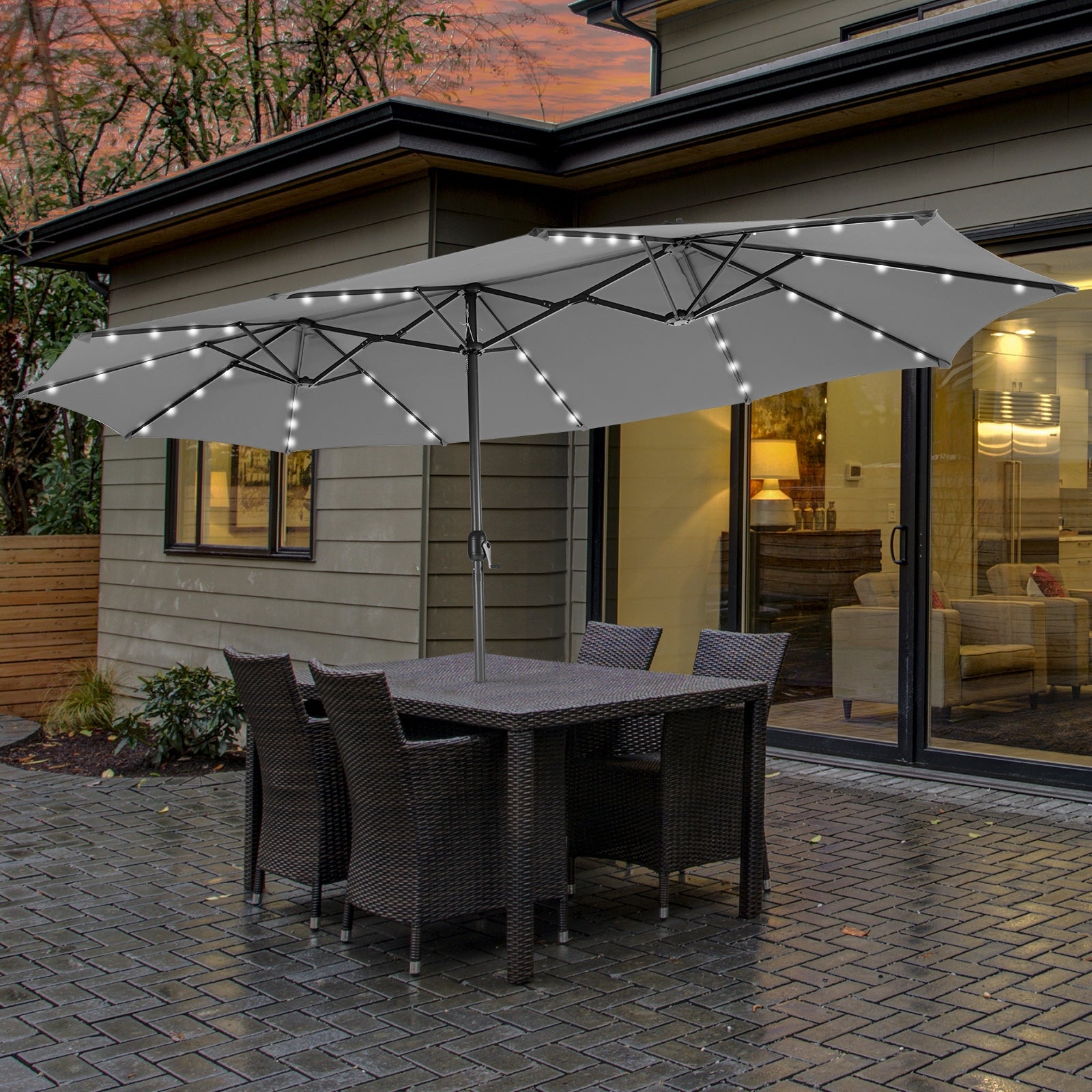 Parasol double de 4,5 mètres avec 48 lumières solaires LED - Gris