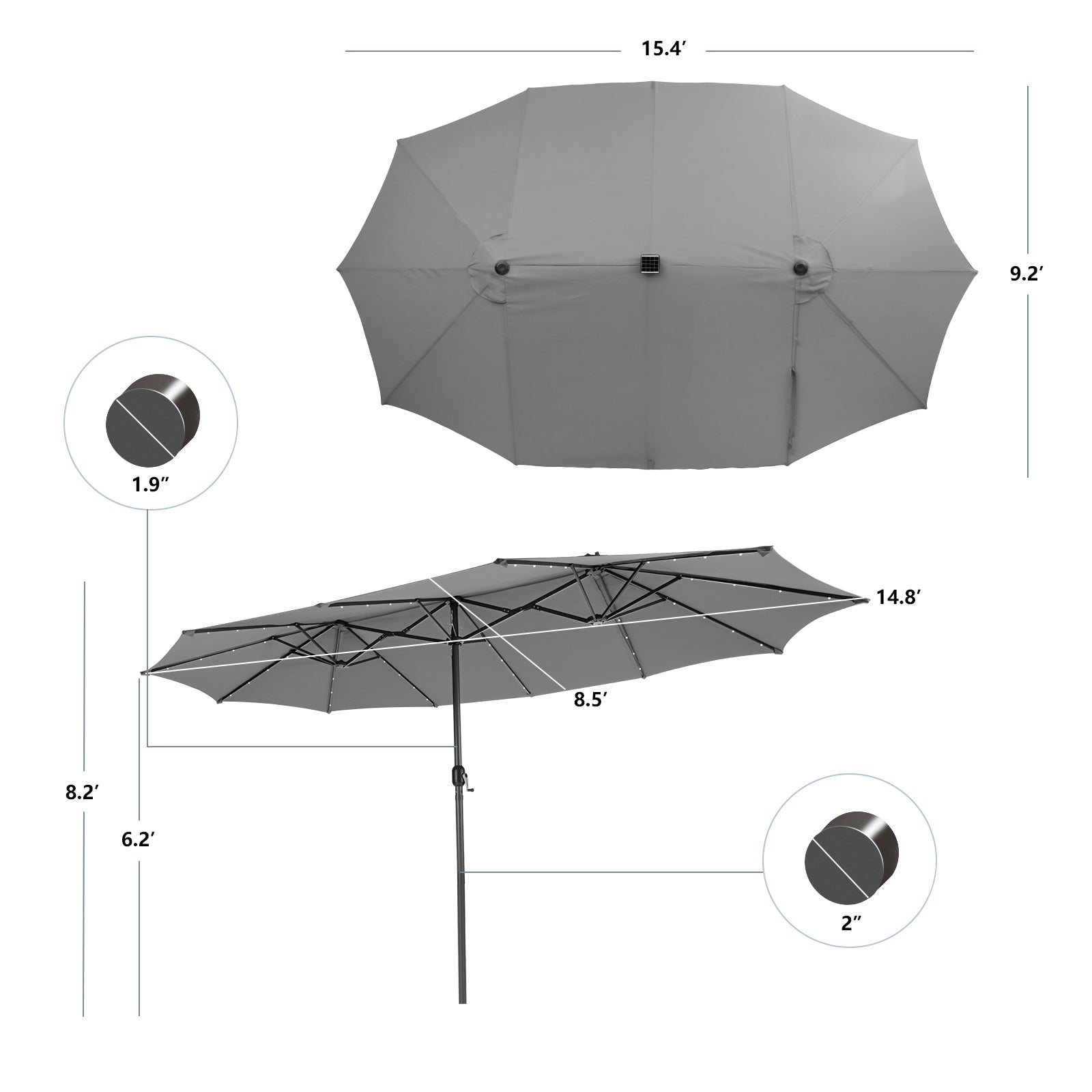 Parasol double de 4,5 mètres avec 48 lumières solaires LED - Gris