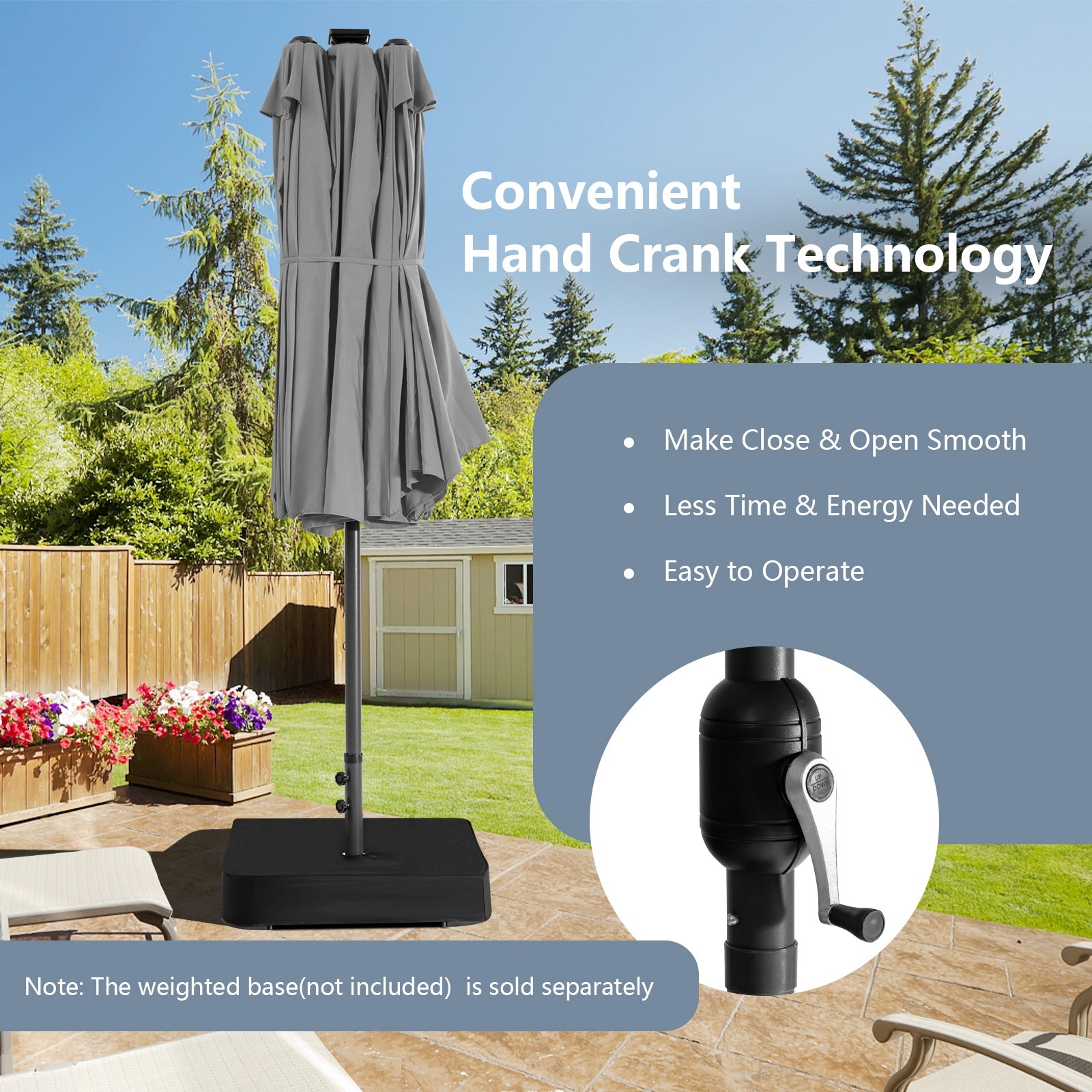 Parasol double de 4,5 mètres avec 48 lumières solaires LED - Gris