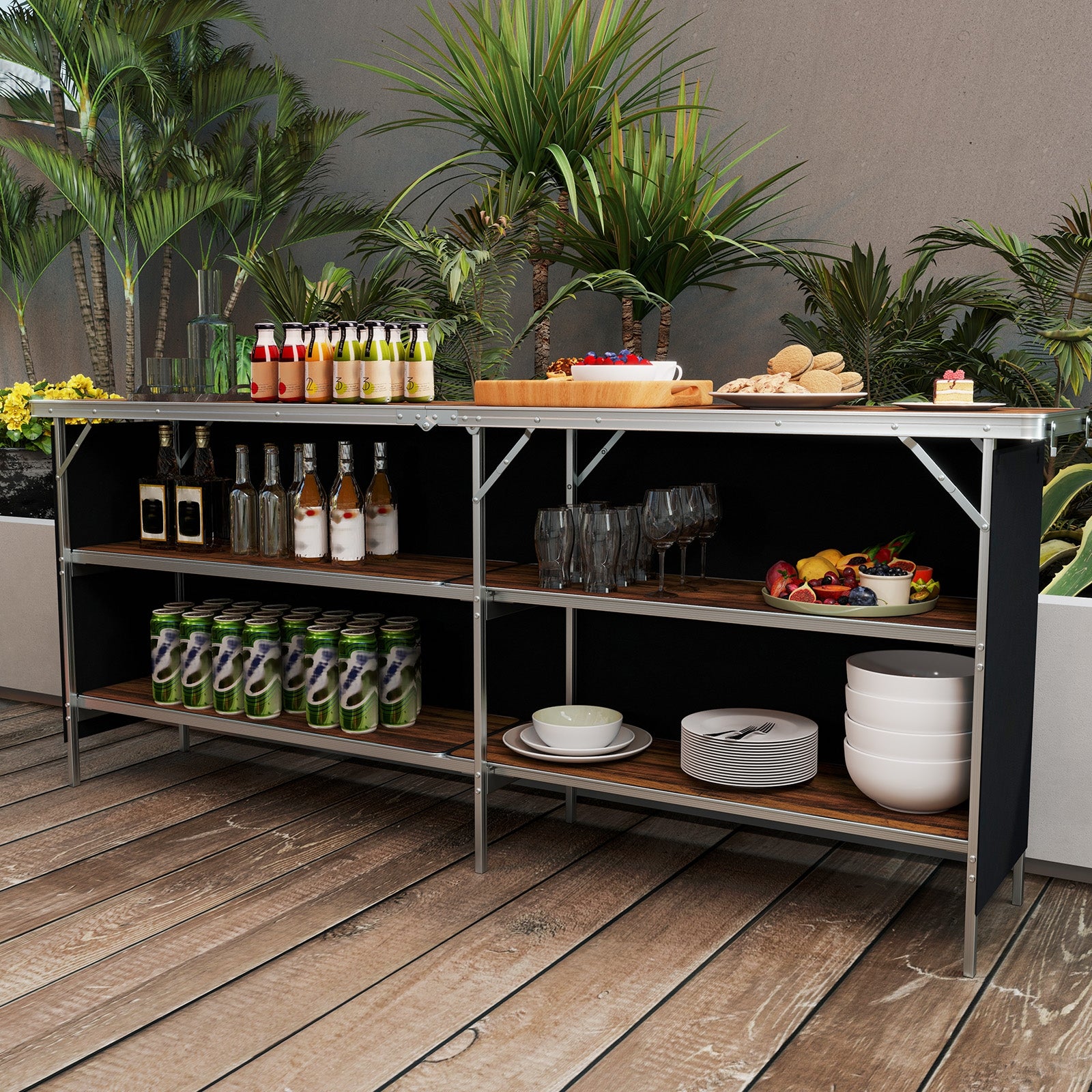 Table de pique-nique portable en aluminium avec étagères ouvertes à 2 niveaux et plateau spacieux - Café