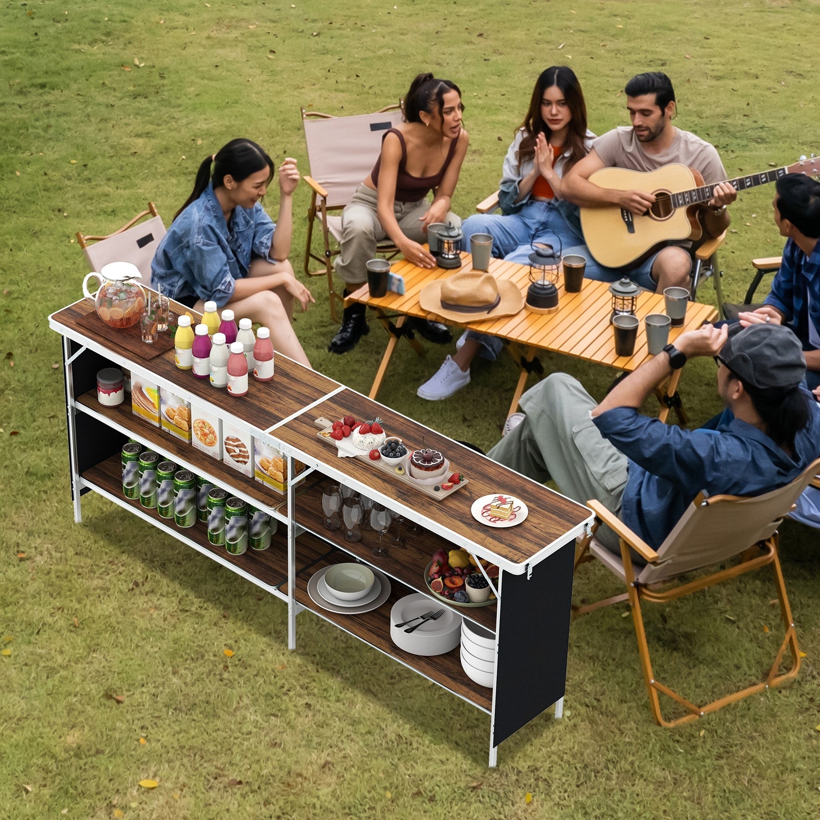 Table de pique-nique portable en aluminium avec étagères ouvertes à 2 niveaux et plateau spacieux - Café