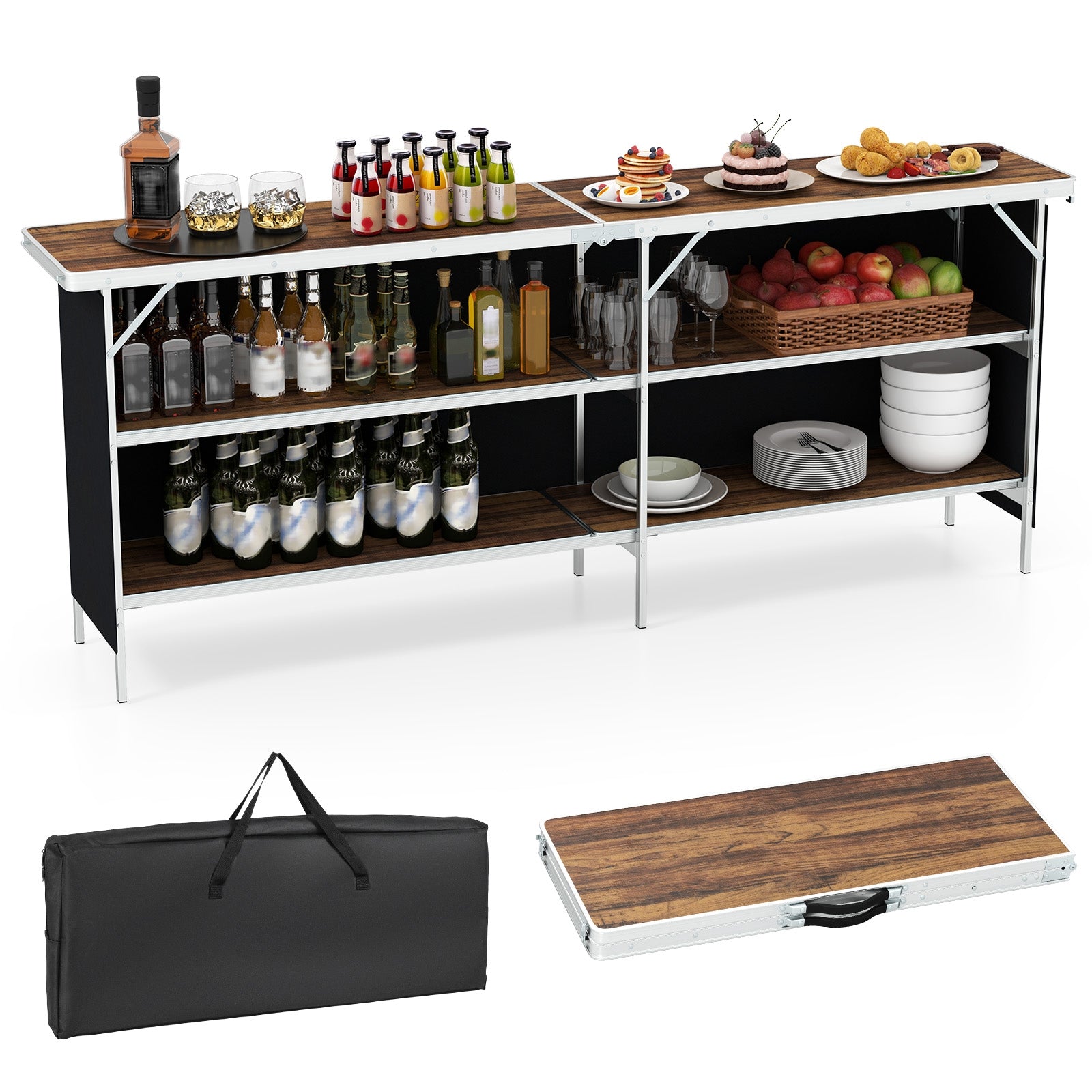 Table de pique-nique portable en aluminium avec étagères ouvertes à 2 niveaux et plateau spacieux - Café