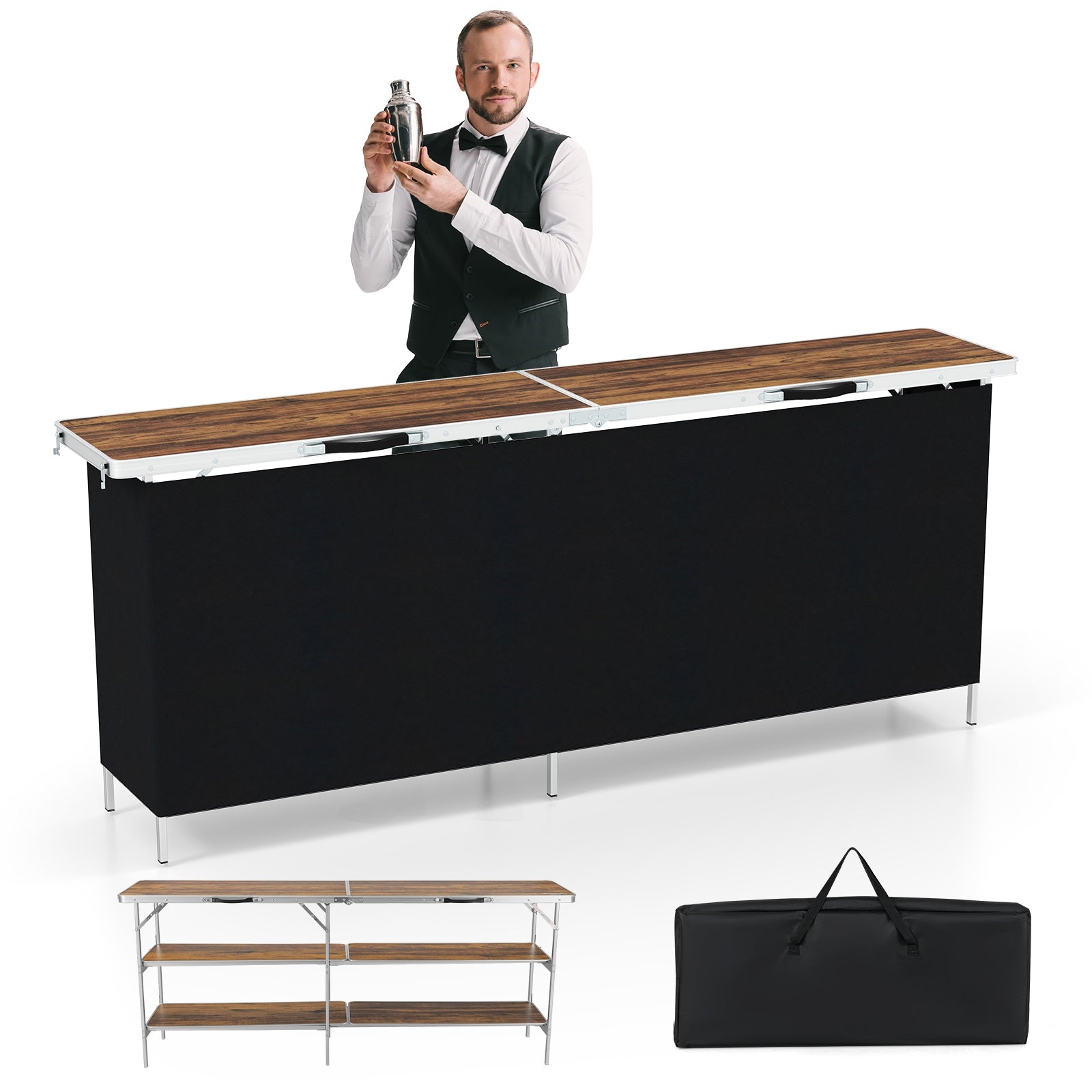Table de pique-nique portable en aluminium avec étagères ouvertes à 2 niveaux et plateau spacieux - Café
