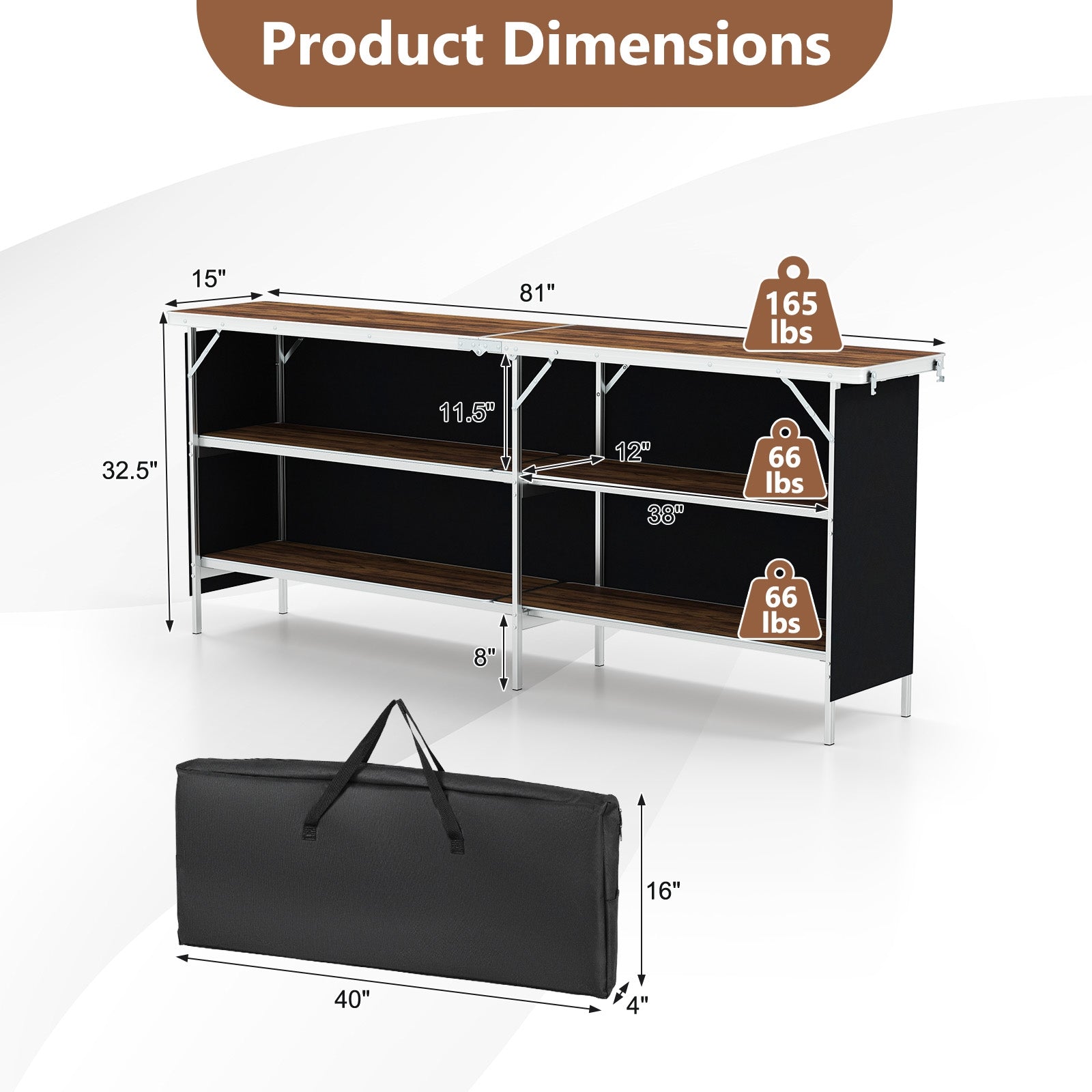 Table de pique-nique portable en aluminium avec étagères ouvertes à 2 niveaux et plateau spacieux - Café