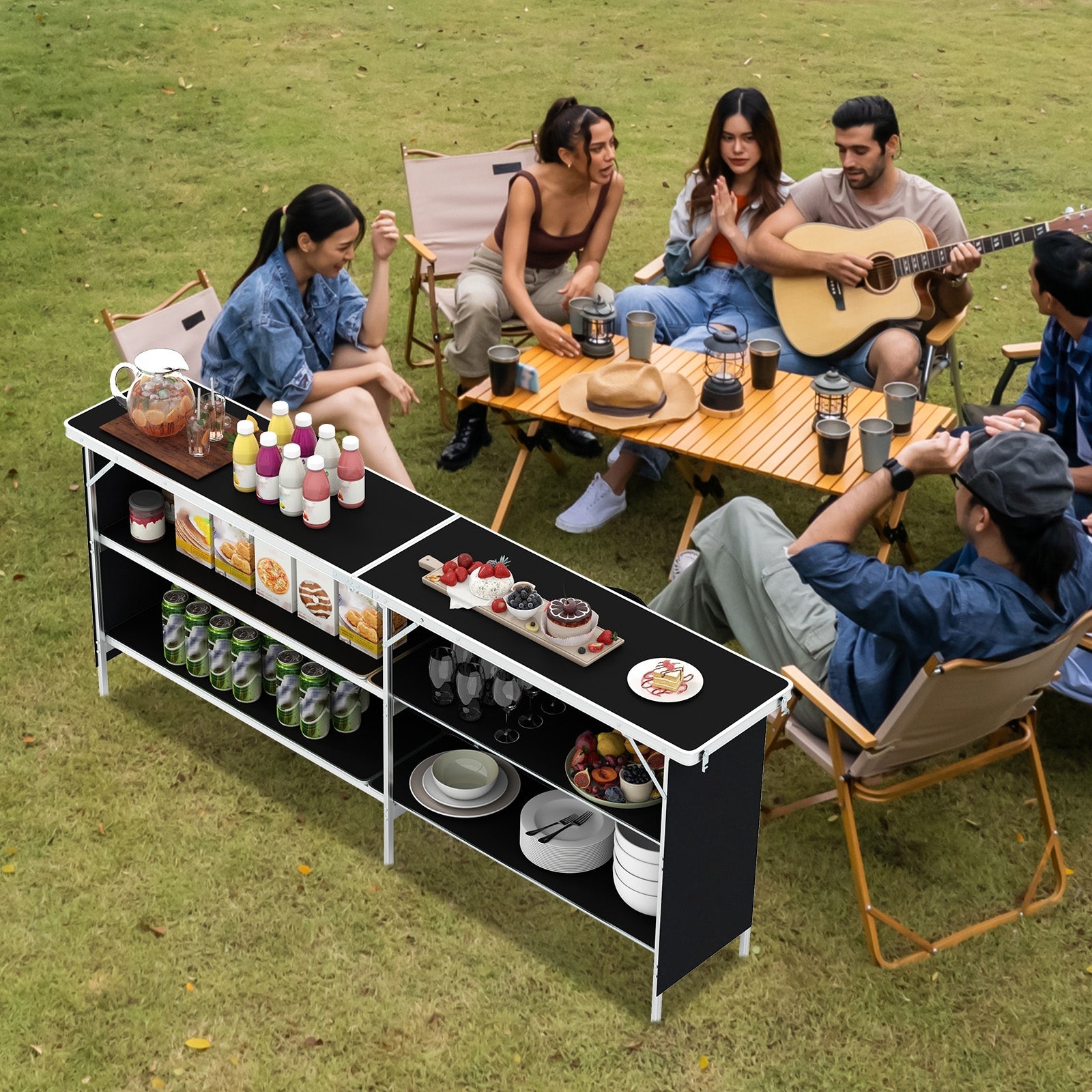 Aluminum Portable Picnic Table with 2-Tier Open Shelves and Spacious Tabletop-Black