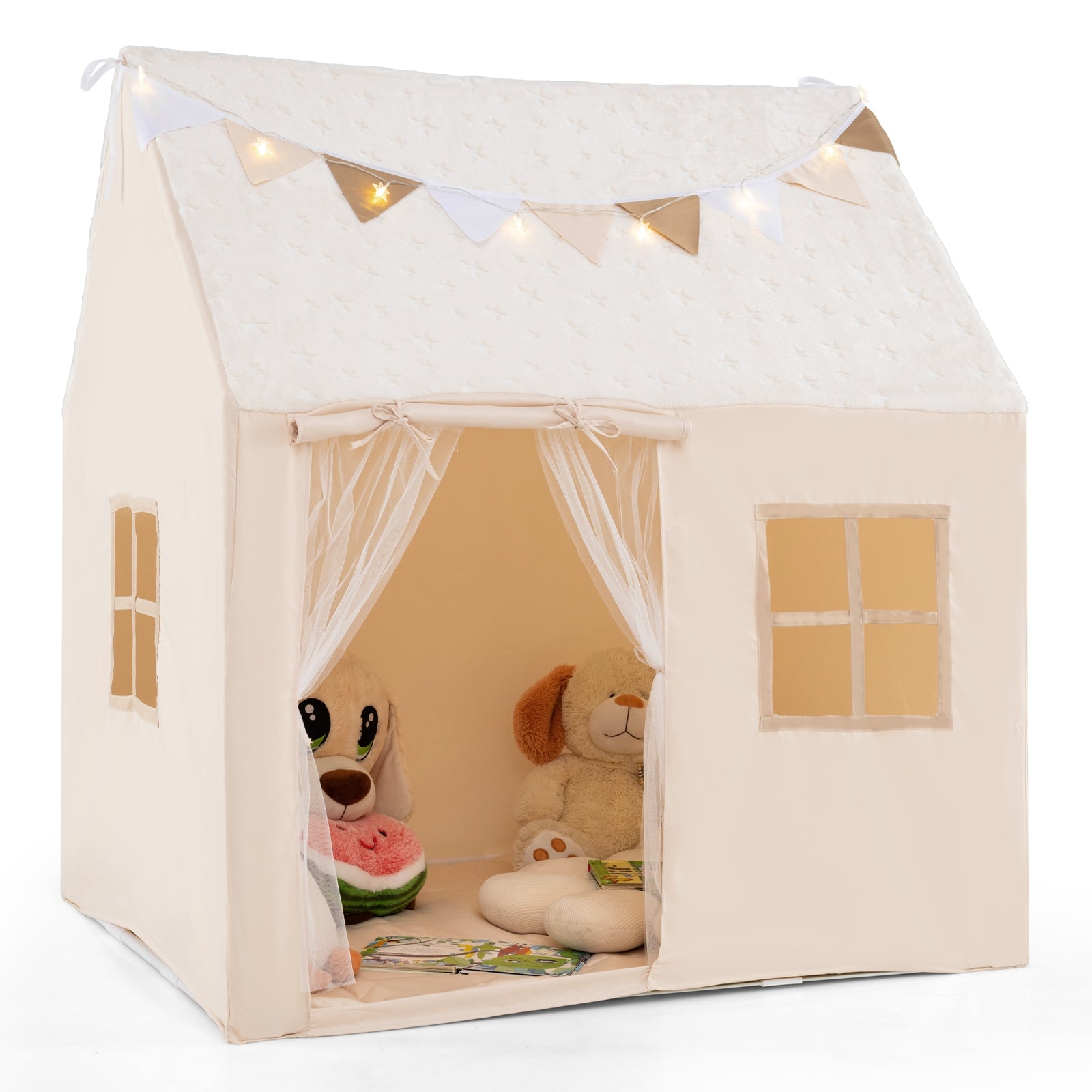 Kids Play Tent Large Playhouse with Glow in the Dark Stars and Mat-Beige