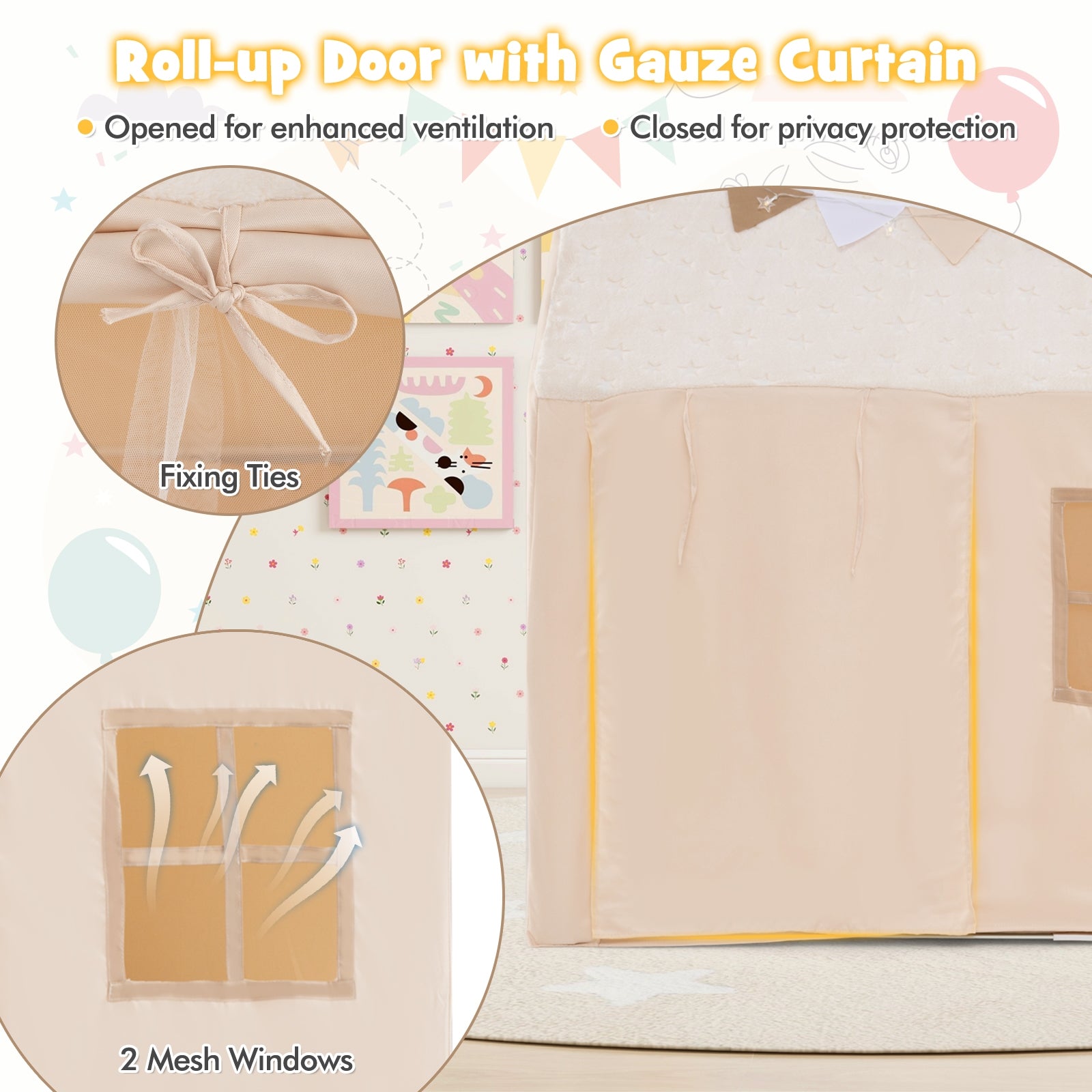 Kids Play Tent Large Playhouse with Glow in the Dark Stars and Mat-Beige