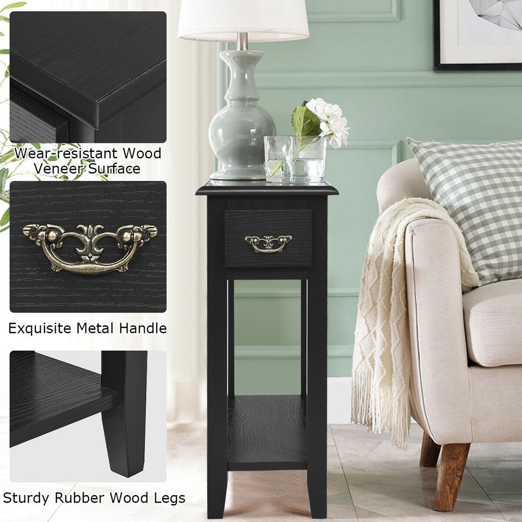 2 Pieces 2 Tier Sofa Side End Table with Drawer and Open Shelf-Black