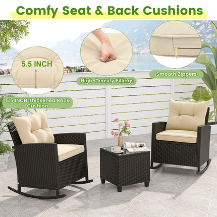 3-Piece Patio Rattan Roker Chairs with Tempered Glass Table and Soft Cushions-Beige
