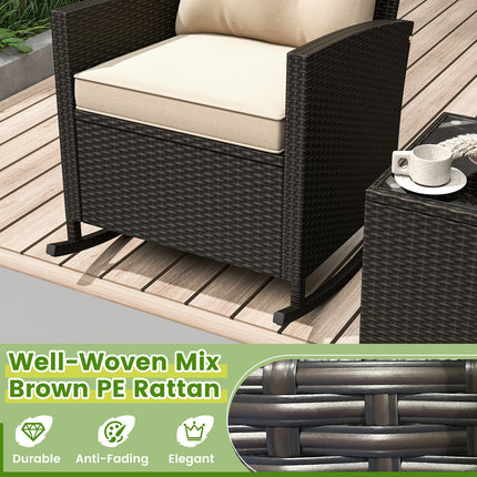 3-Piece Patio Rattan Roker Chairs with Tempered Glass Table and Soft Cushions-Beige