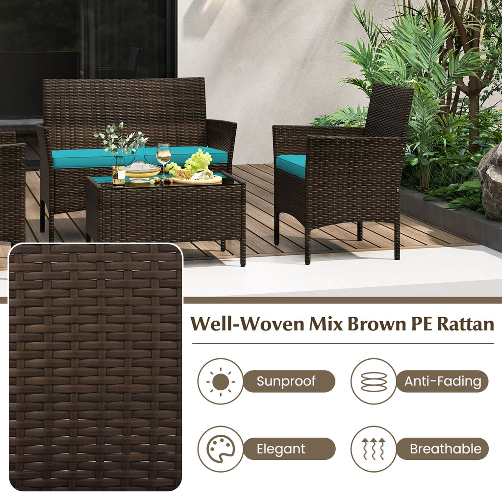 4 Piece Patio Rattan Conversation Set with Cozy Seat Cushions-Turquoise