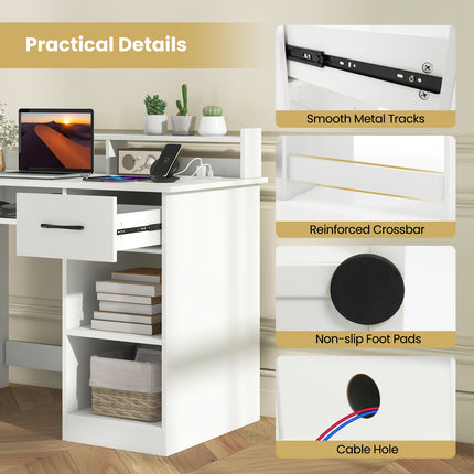 White Desk with Charging Station and Adjustable Shelf for Home Office-White