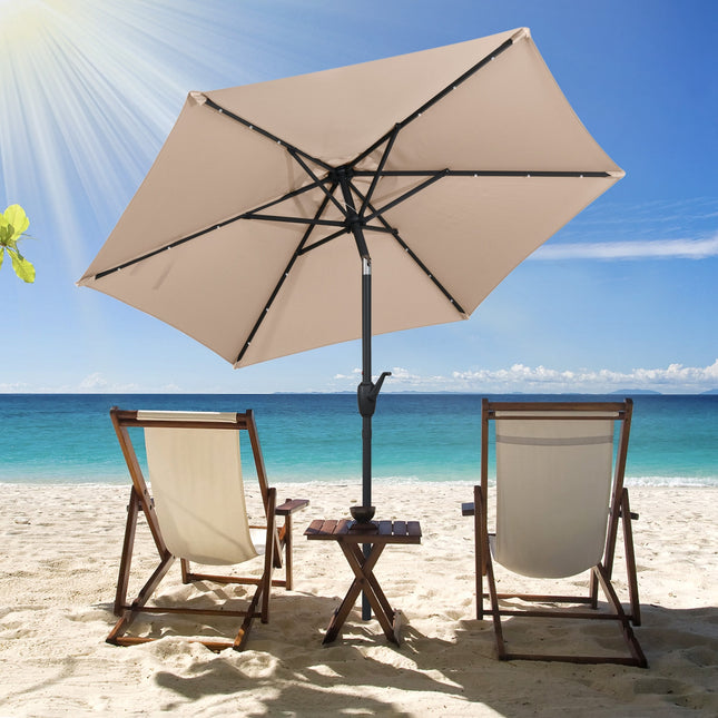 7.5 Feet Solar Powered Patio Umbrella with LED Lights and Crank Handle-Tan