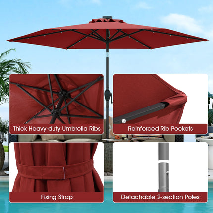 7.5 Feet Solar Powered Patio Umbrella with LED Lights and Crank Handle-Burgundy